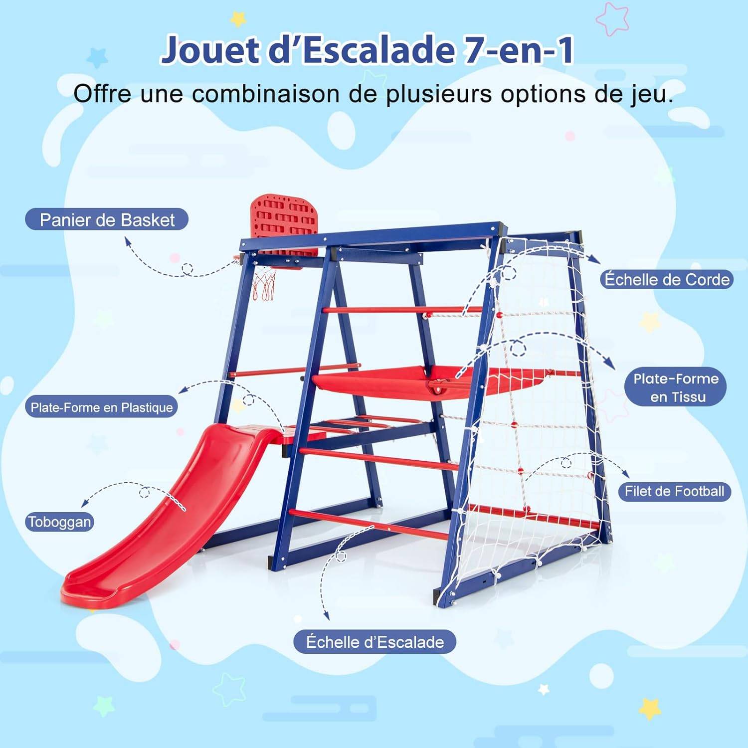 COSTWAY 7 en 1 Aire de Jeux d’Escalade Enfant avec Toboggan & Panier de Basketball, Jouet d’Escalade Montessori avec 2 Plateforme - Image 1