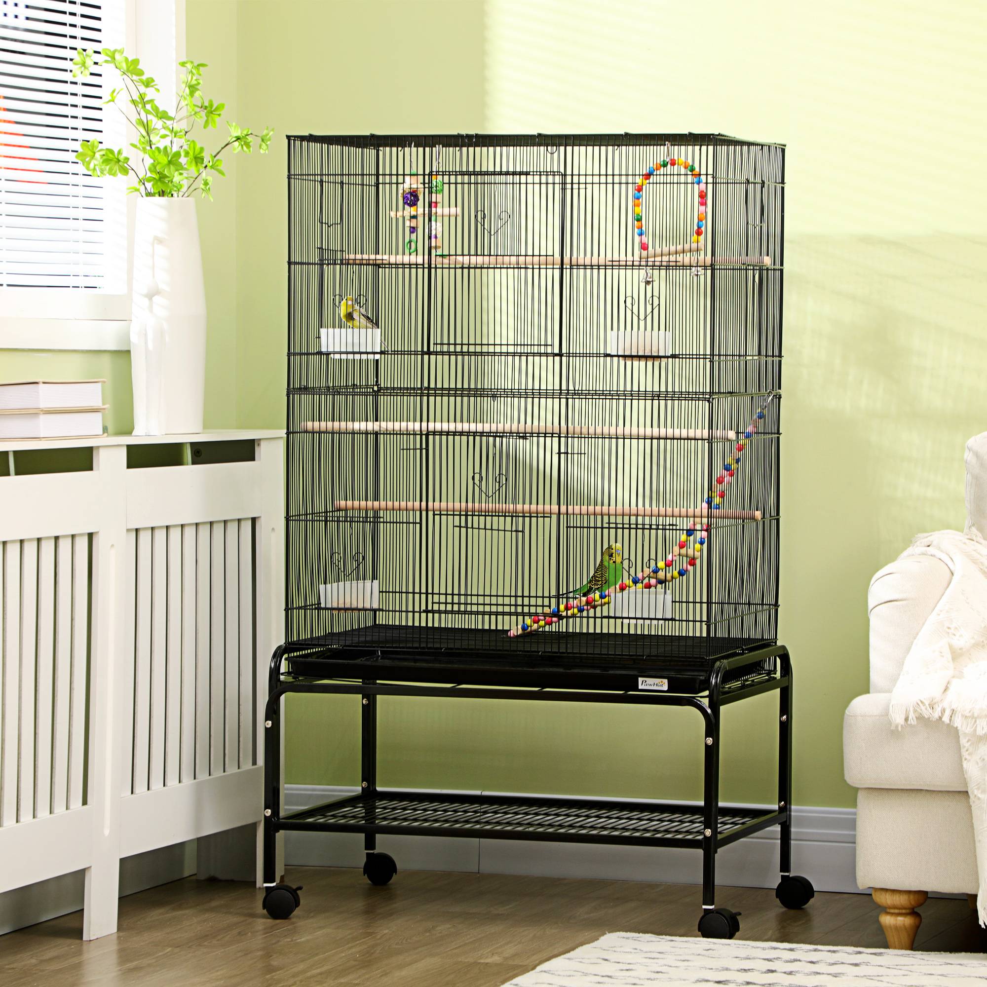 Sans Marque - Cage à oiseaux sur pieds roulettes avec 4 mangeoires et 3 perchoirs 79 x 49 x 133 cm noir - Image 4
