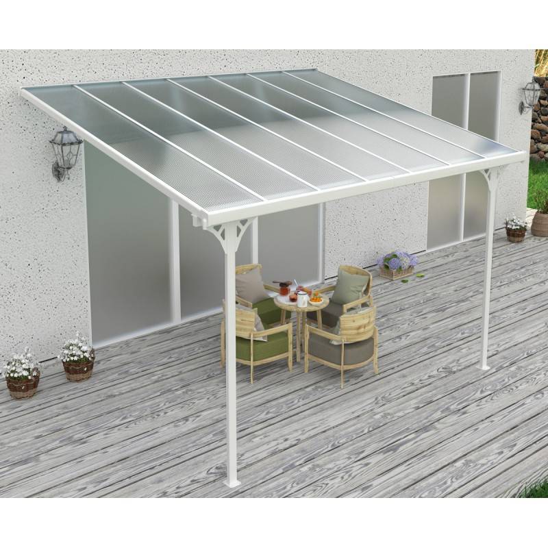 Pergola adossée aluminium blanc 13,3 m² toiture polycarbonate anti-UV gouttières X-Metal - Image 2