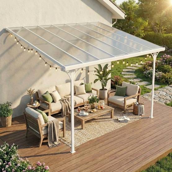 Pergola adossée aluminium blanc 13,3 m² toiture polycarbonate anti-UV gouttières X-Metal - Image 1
