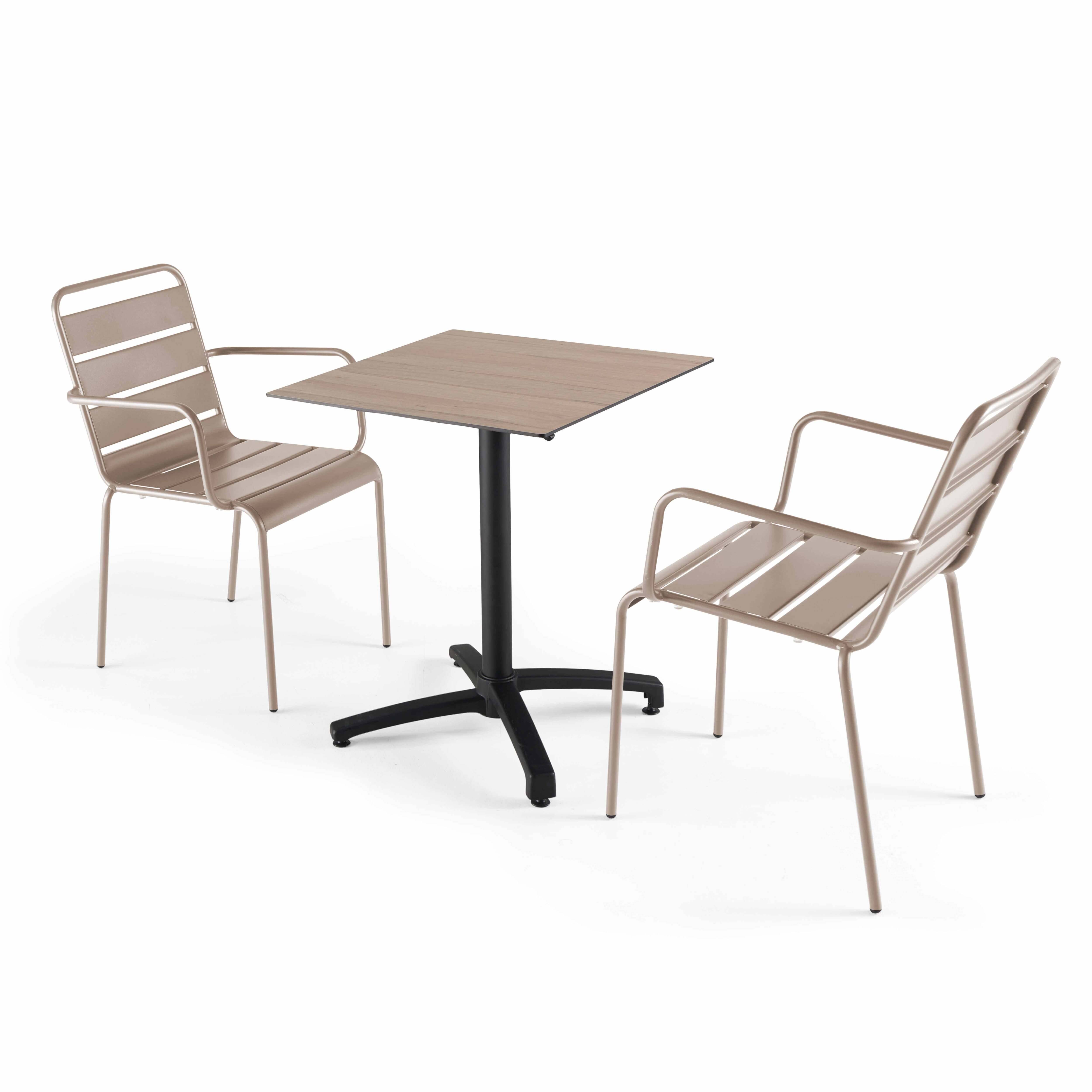 Oviala - Ensemble table 60 cm chêne clair et 2 fauteuils en métal taupe - Oviala - Image 1