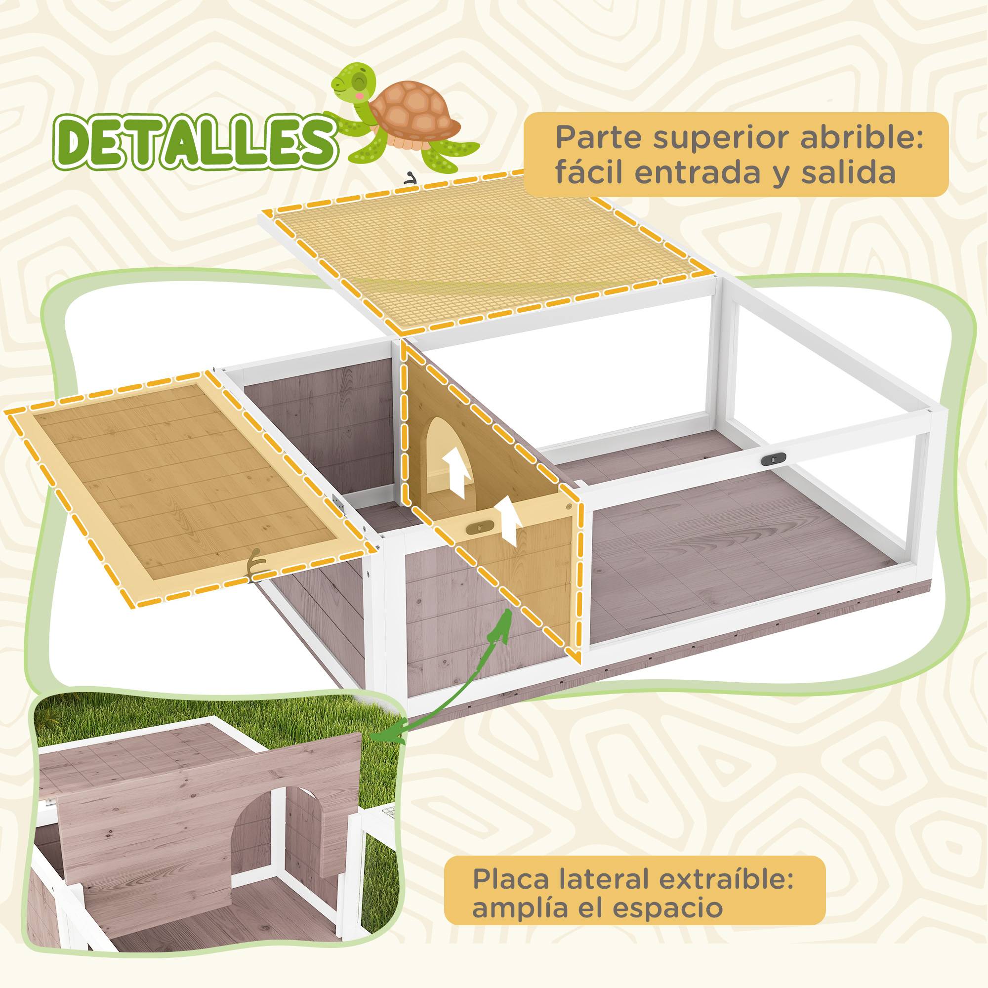 Niche en bois pour tortues avec toit en filet et panneaux latéraux transparents amovibles 91 x 60,5 x 32 cm Marron clair - Image 7
