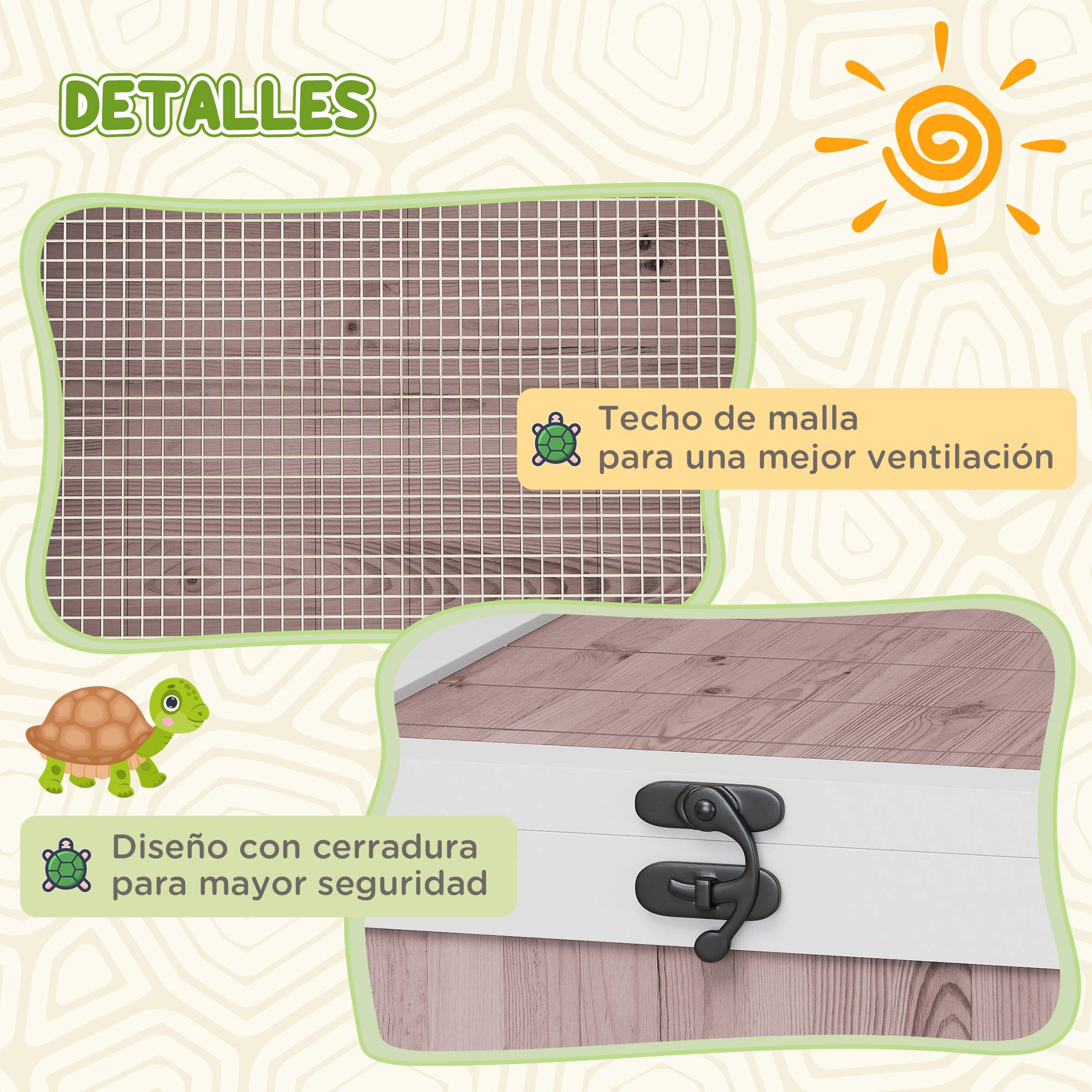 Niche en bois pour tortues avec toit en filet et panneaux latéraux transparents amovibles 91 x 60,5 x 32 cm Marron clair - Image 8