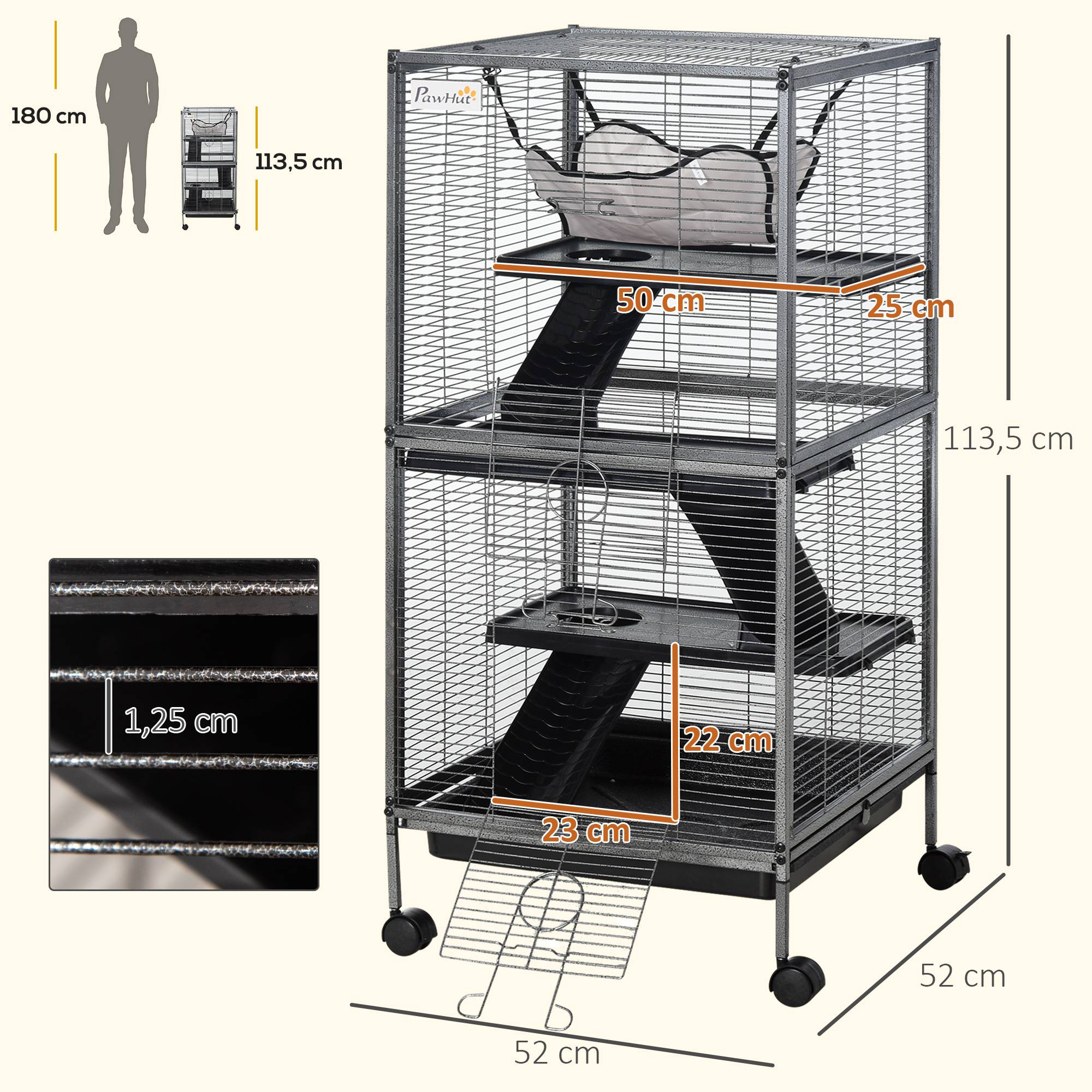 Cage petits animaux métal furet chinchilla 4 niveaux sur roulettes 52x52x114cm gris - ComfortXL Outdoor Living - Image 5
