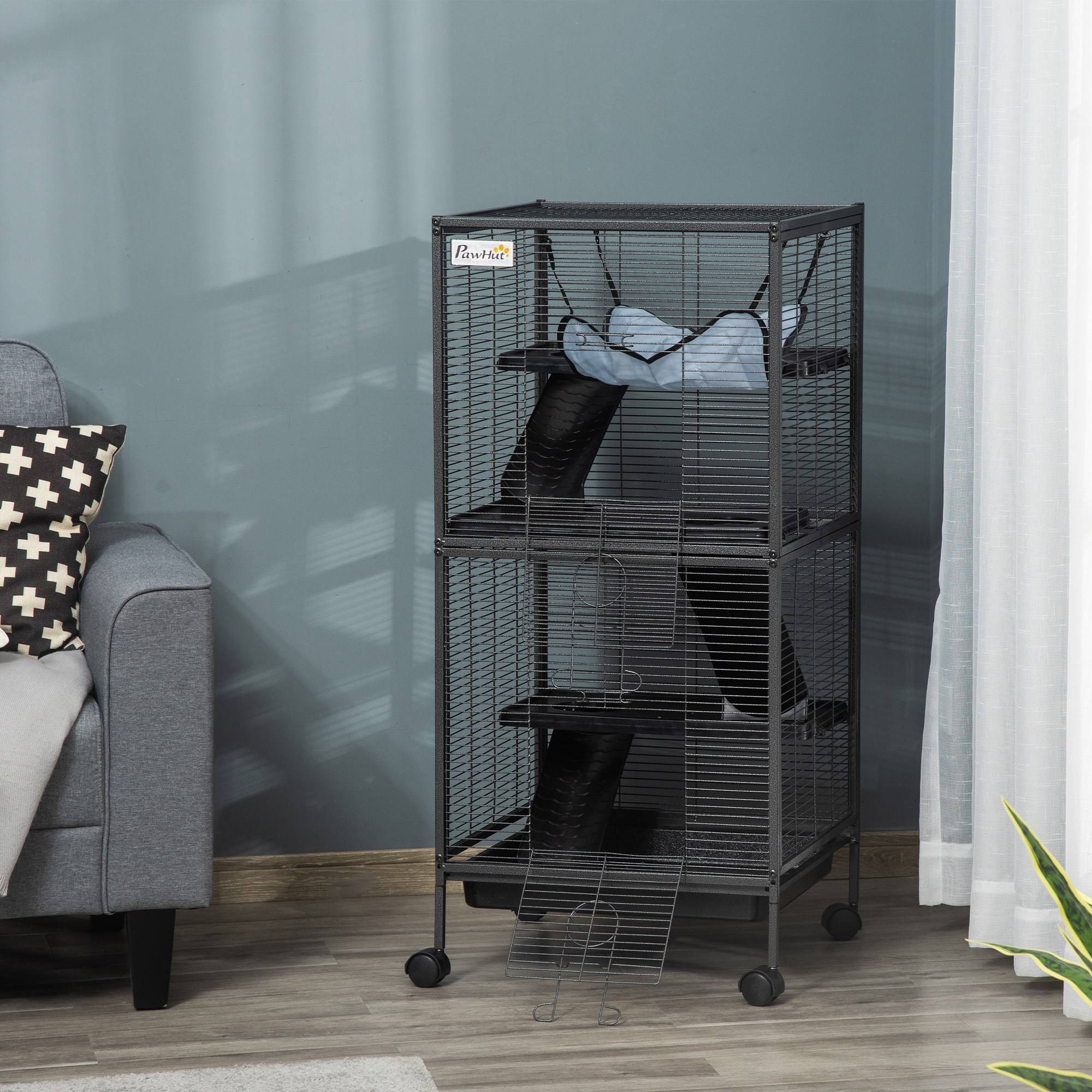 Cage petits animaux métal furet chinchilla 4 niveaux sur roulettes 52x52x114cm gris - ComfortXL Outdoor Living - Image 4