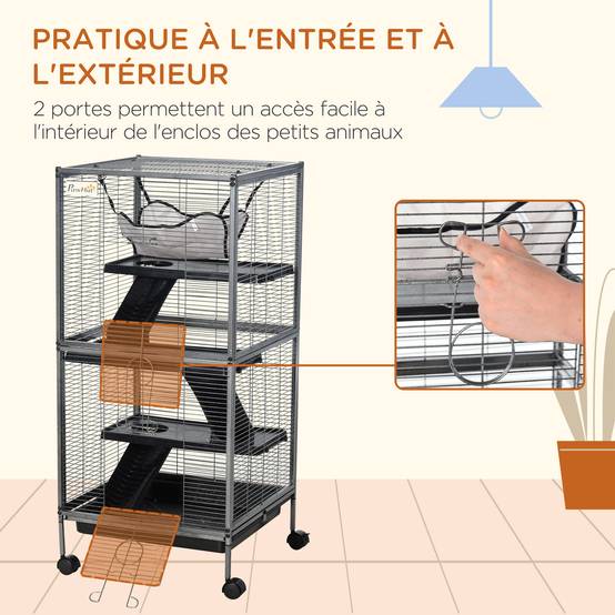 Cage petits animaux métal furet chinchilla 4 niveaux sur roulettes 52x52x114cm gris - ComfortXL Outdoor Living - Image 9
