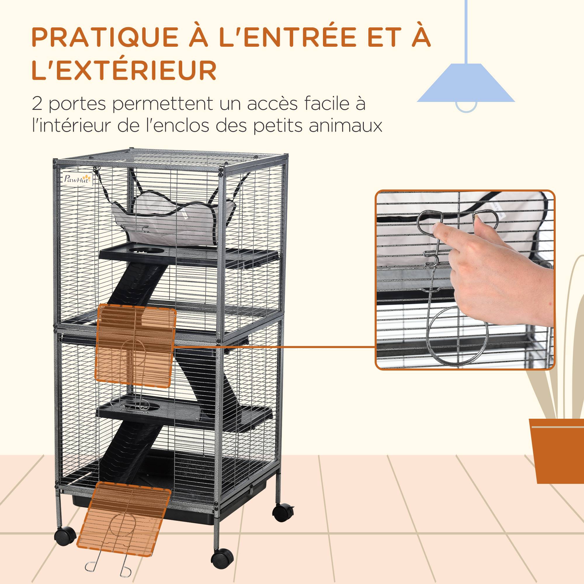 Cage petits animaux métal furet chinchilla 4 niveaux sur roulettes 52x52x114cm gris - ComfortXL Outdoor Living - Image 9