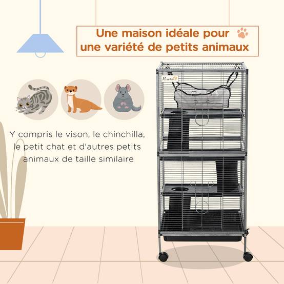 Cage petits animaux métal furet chinchilla 4 niveaux sur roulettes 52x52x114cm gris - ComfortXL Outdoor Living - Image 6
