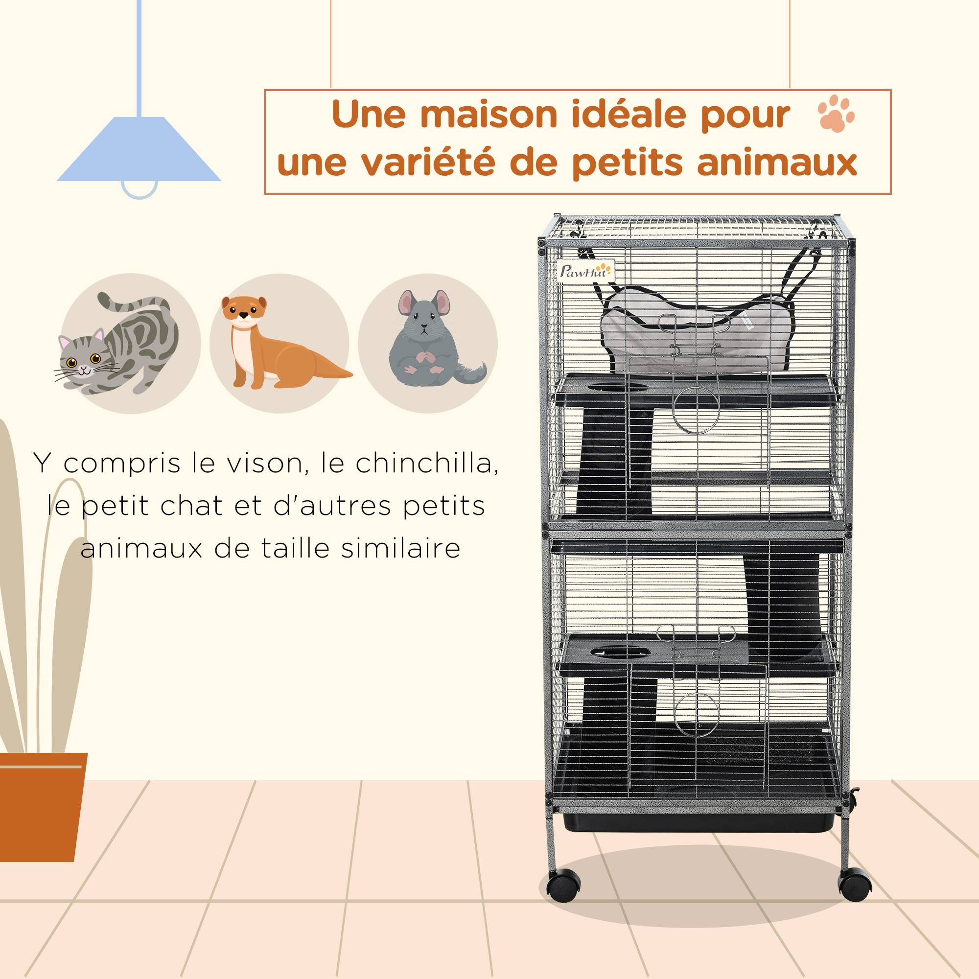 Cage petits animaux métal furet chinchilla 4 niveaux sur roulettes 52x52x114cm gris - ComfortXL Outdoor Living - Image 6