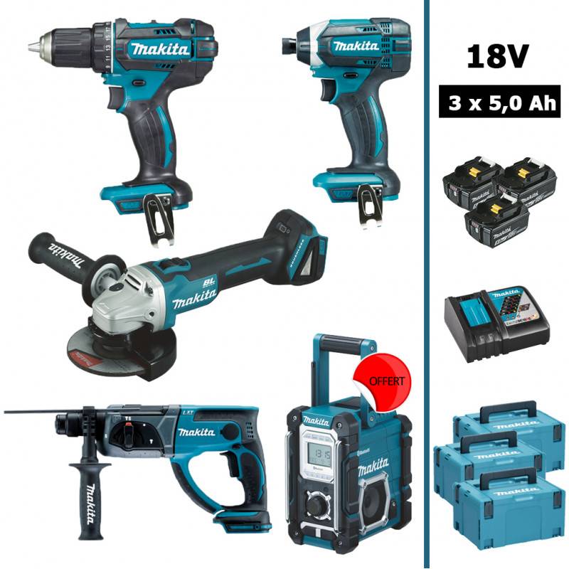 Pack 18V : DDF482 + DTD152 + DGA504 + DHR202 + DMR108 (offerte) avec 3 batteries 5Ah + 3 Makpac MAKITA - Image 1