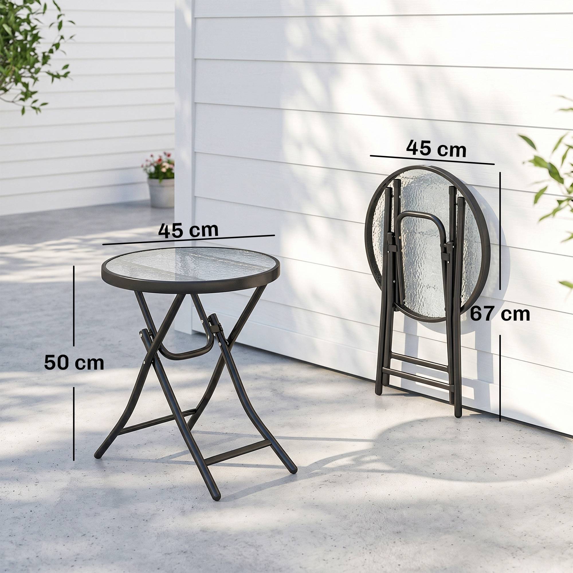 Table d'Appoint Ronde Ø 45 x 50 cm, Table Basse de Jardin Pliable en Métal, Plateau en Verre Trempé, Noir - Image 5