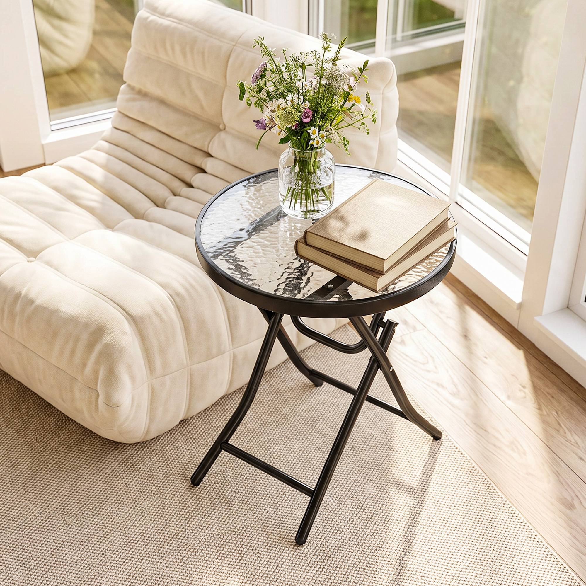 Table d'Appoint Ronde Ø 45 x 50 cm, Table Basse de Jardin Pliable en Métal, Plateau en Verre Trempé, Noir - Image 10