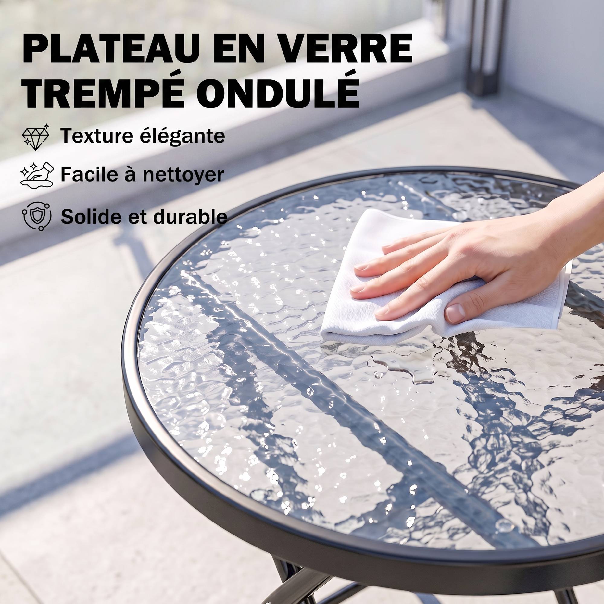 Table d'Appoint Ronde Ø 45 x 50 cm, Table Basse de Jardin Pliable en Métal, Plateau en Verre Trempé, Noir - Image 8