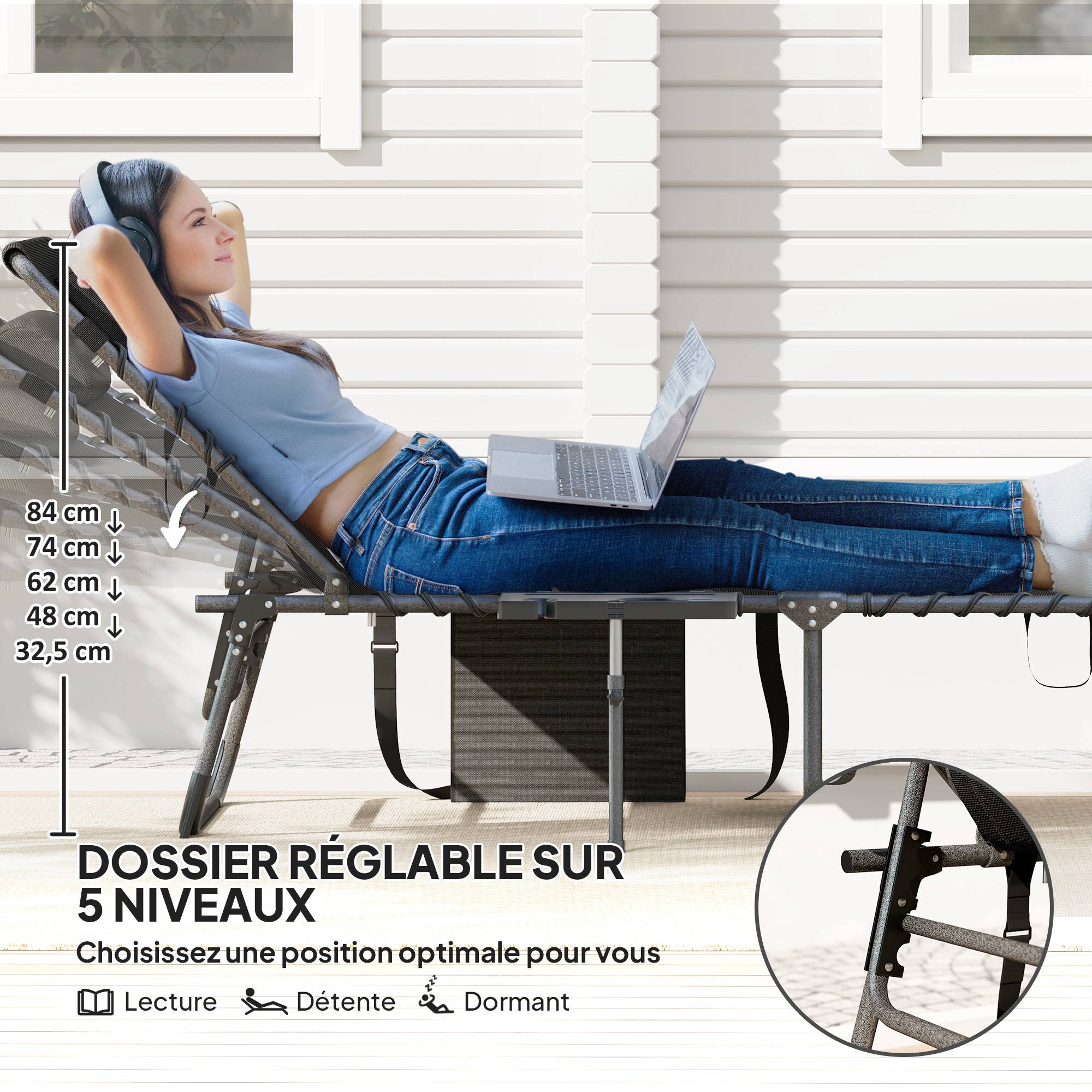 Sans Marque - Bain de soleil pliante dossier réglable sur 5 niveaux, plateau, appuie-tête, poche latérale 60 x 190 x 31 cm, noir - Image 6