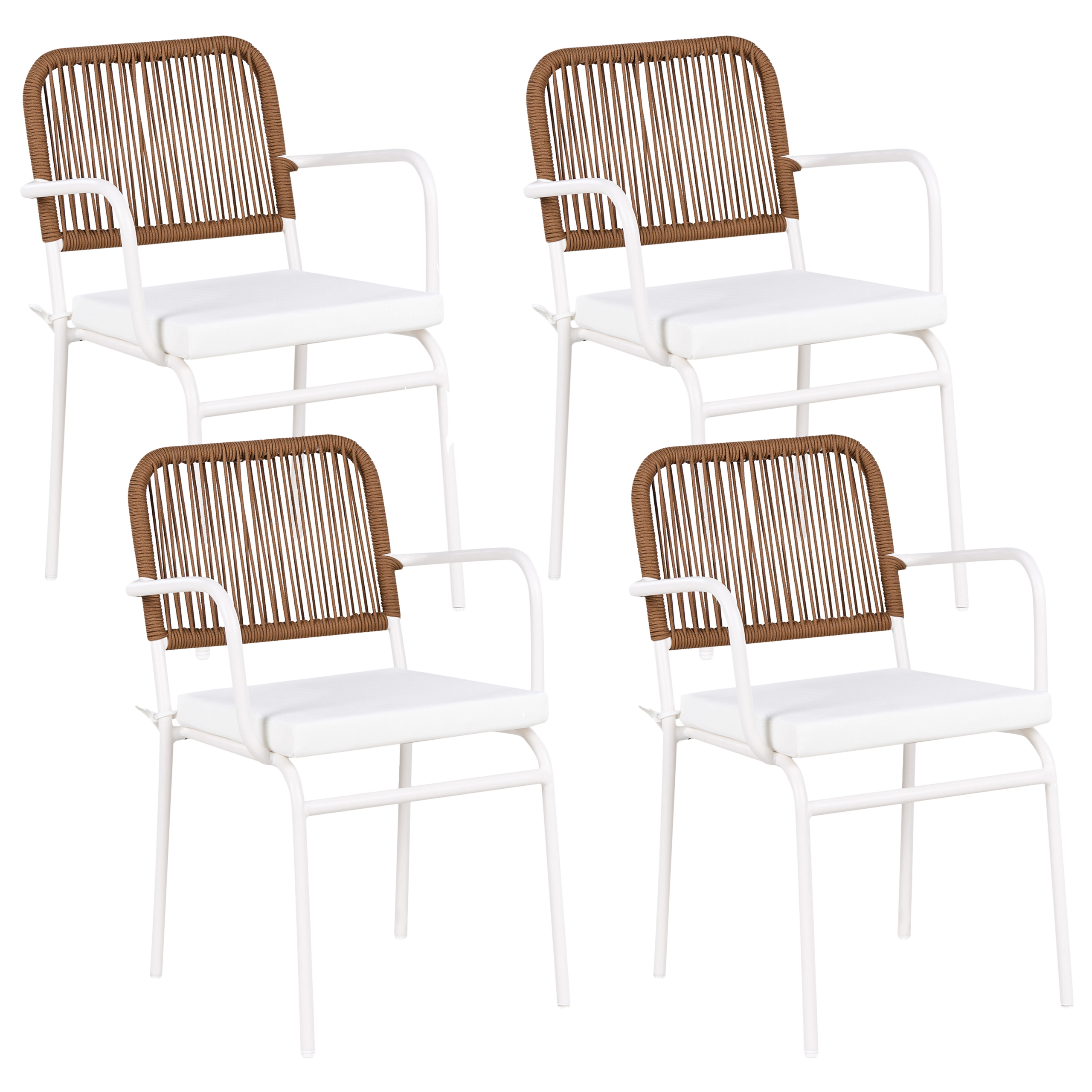 Lot de 4 Chaises de Jardin Blanc et Marron avec Structure en Aluminium Thermolaqué et Coussins Sièges Empilables pour l\'Extérieur