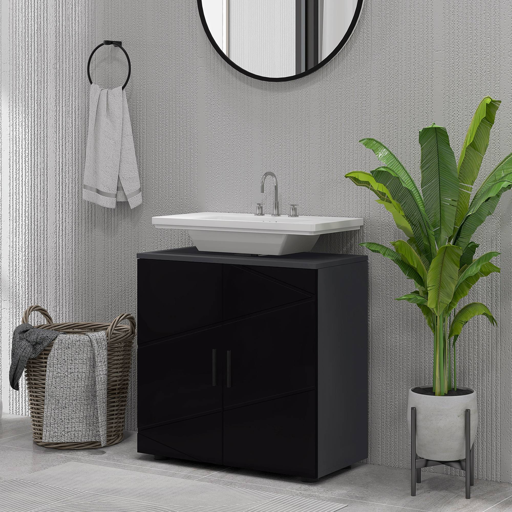 Sans Marque - Meuble vasque salle bain bois armoire 2 portes 60x30x60 cm noir - Image 4