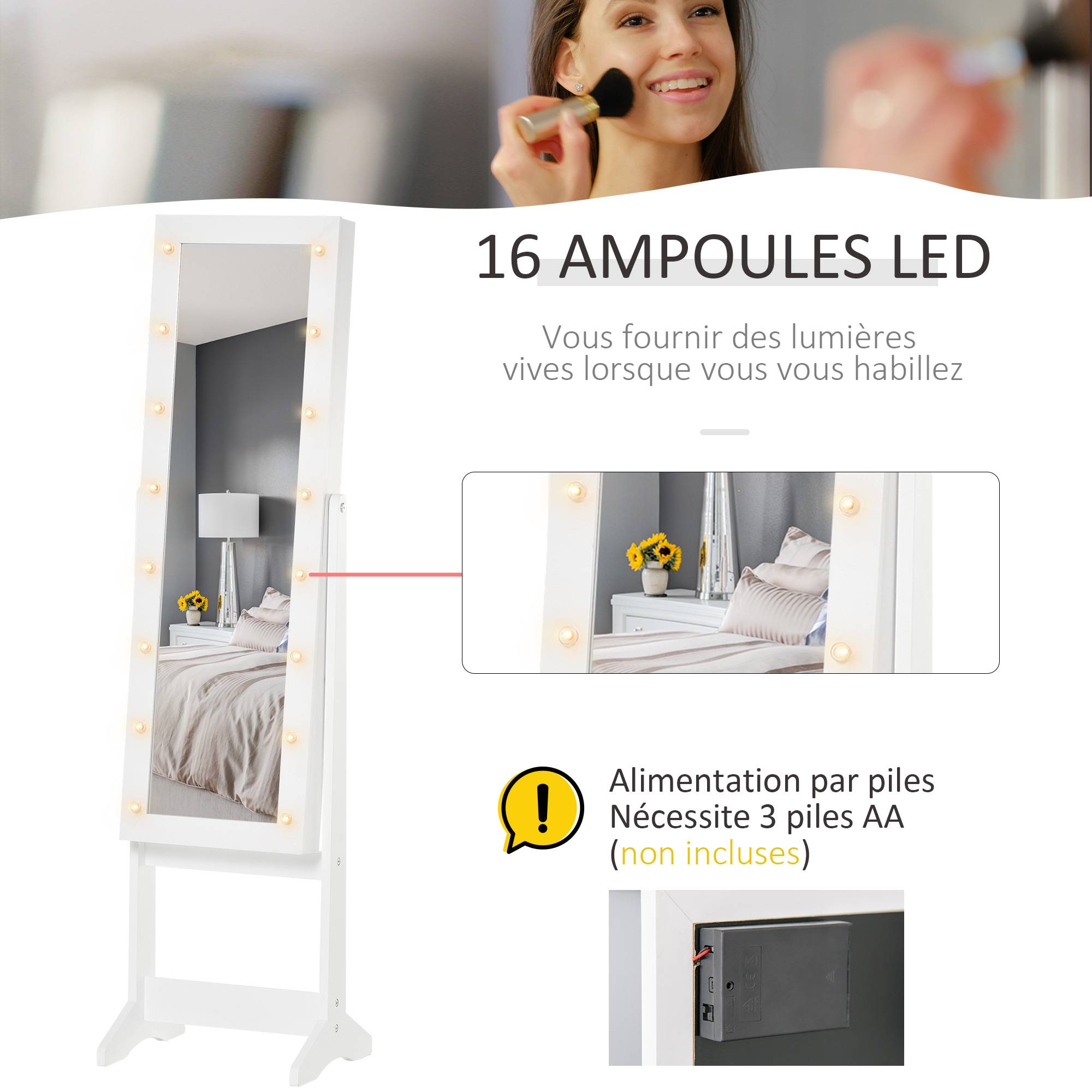 Sans Marque - Armoire à bijoux armoire de rangement sur pieds boîte à bijoux avec miroir multi-rangements éclairage LED blanc - Image 7