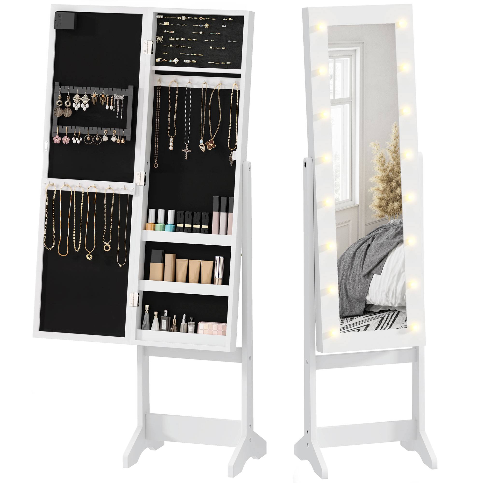Sans Marque - Armoire à bijoux armoire de rangement sur pieds boîte à bijoux avec miroir multi-rangements éclairage LED blanc - Image 2