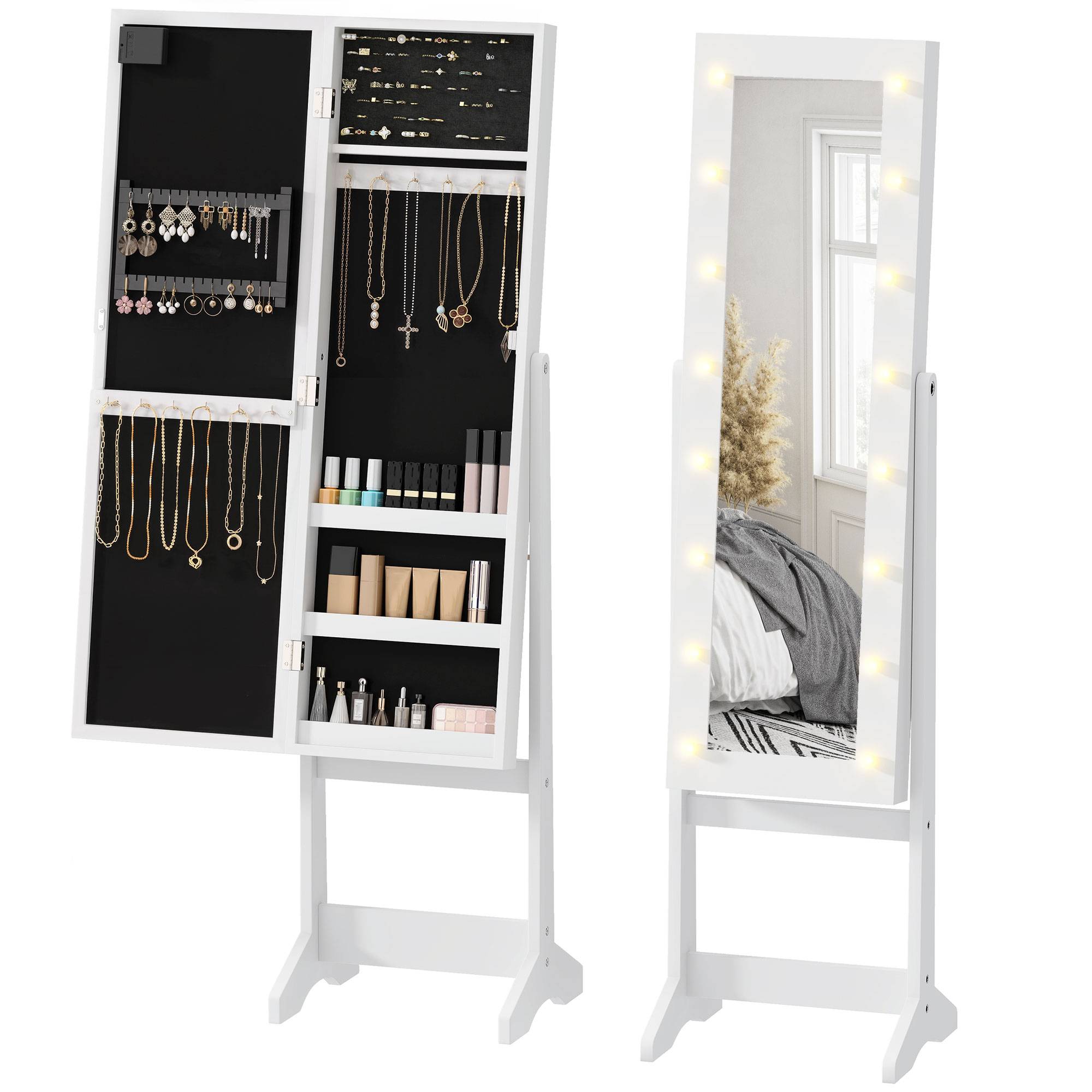 Sans Marque - Armoire à bijoux armoire de rangement sur pieds boîte à bijoux avec miroir multi-rangements éclairage LED blanc - Image 1