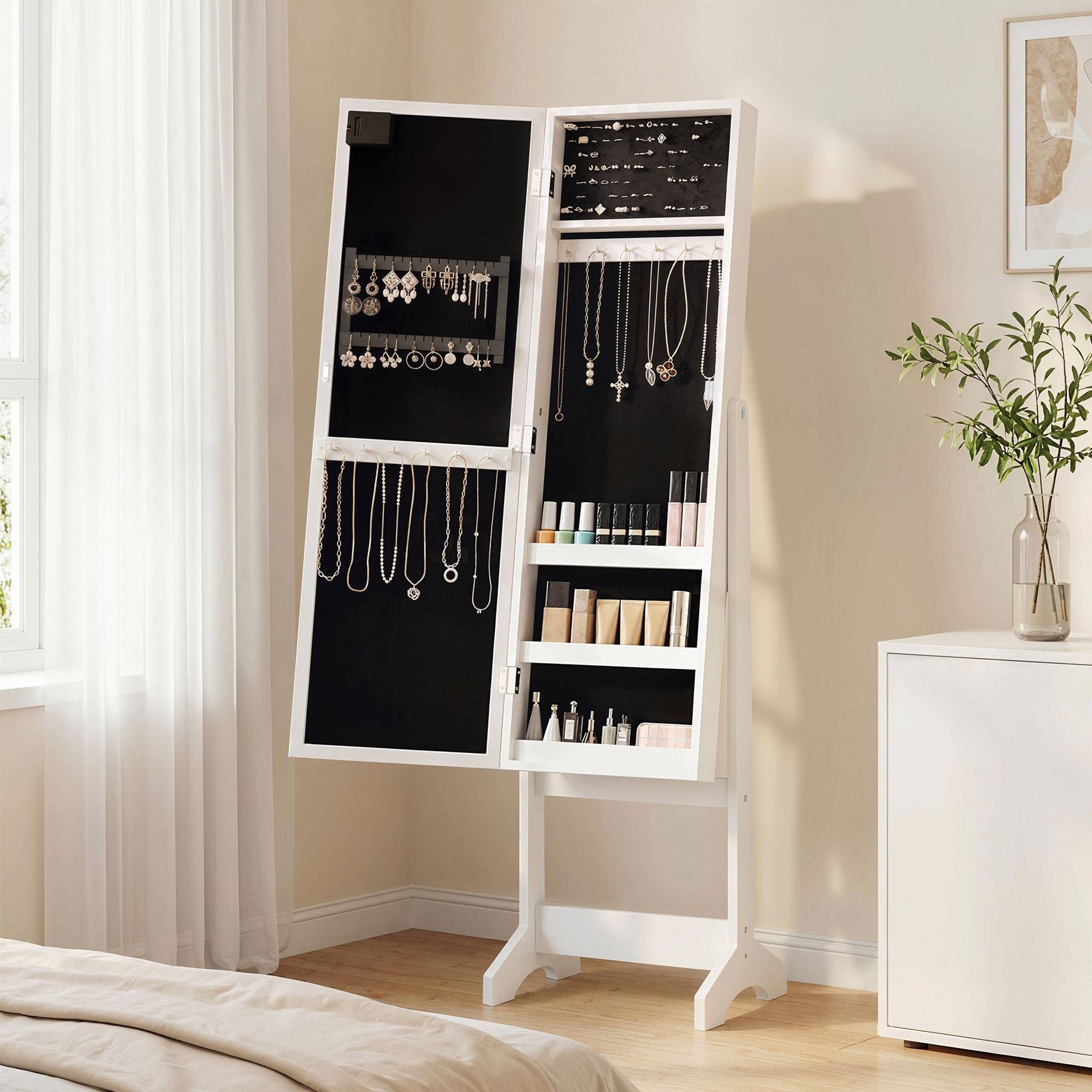 Sans Marque - Armoire à bijoux armoire de rangement sur pieds boîte à bijoux avec miroir multi-rangements éclairage LED blanc - Image 3