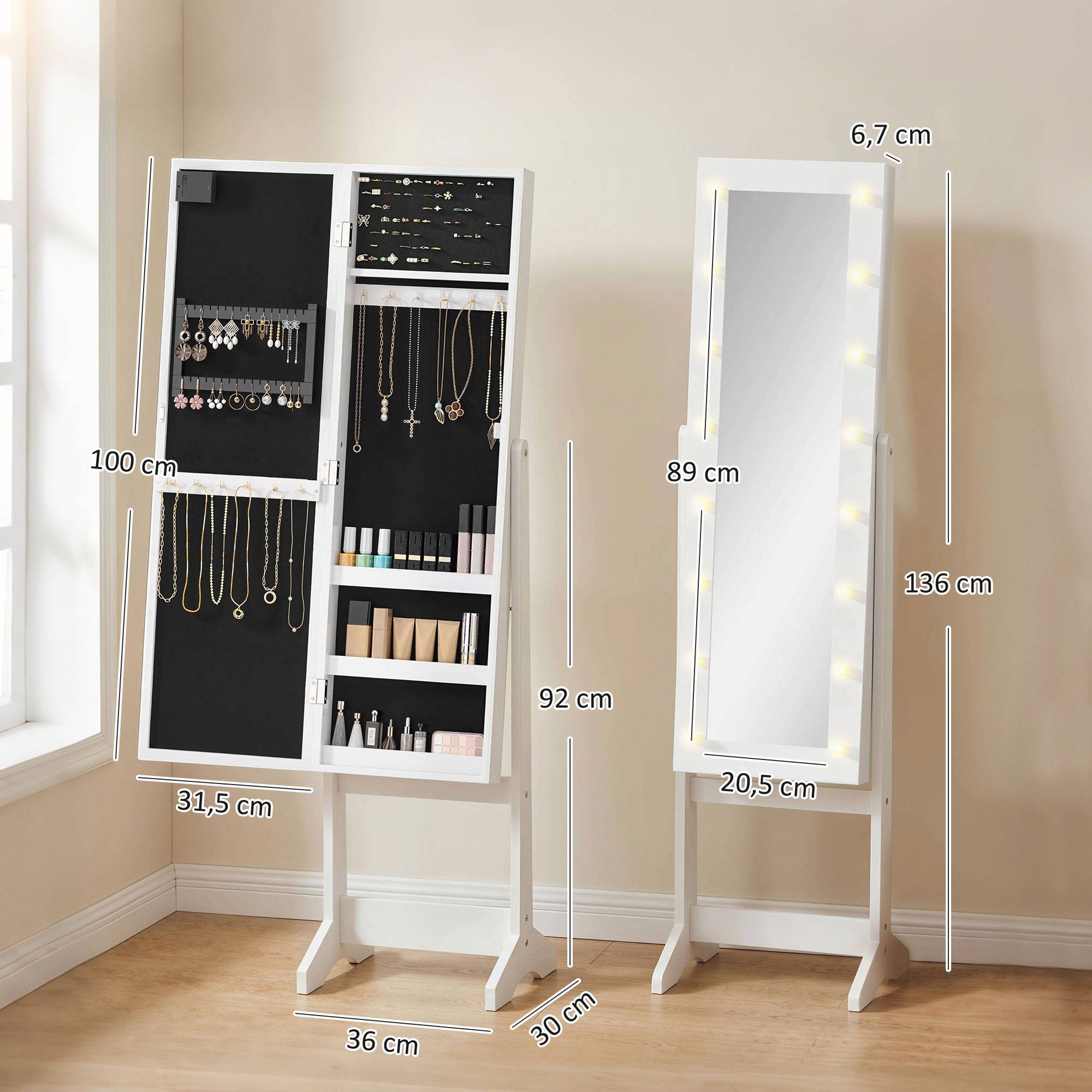 Sans Marque - Armoire à bijoux armoire de rangement sur pieds boîte à bijoux avec miroir multi-rangements éclairage LED blanc - Image 5