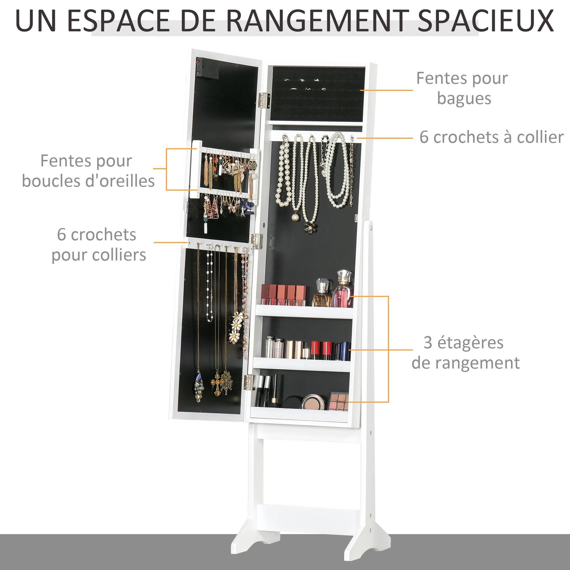 Sans Marque - Armoire à bijoux armoire de rangement sur pieds boîte à bijoux avec miroir multi-rangements éclairage LED blanc - Image 6