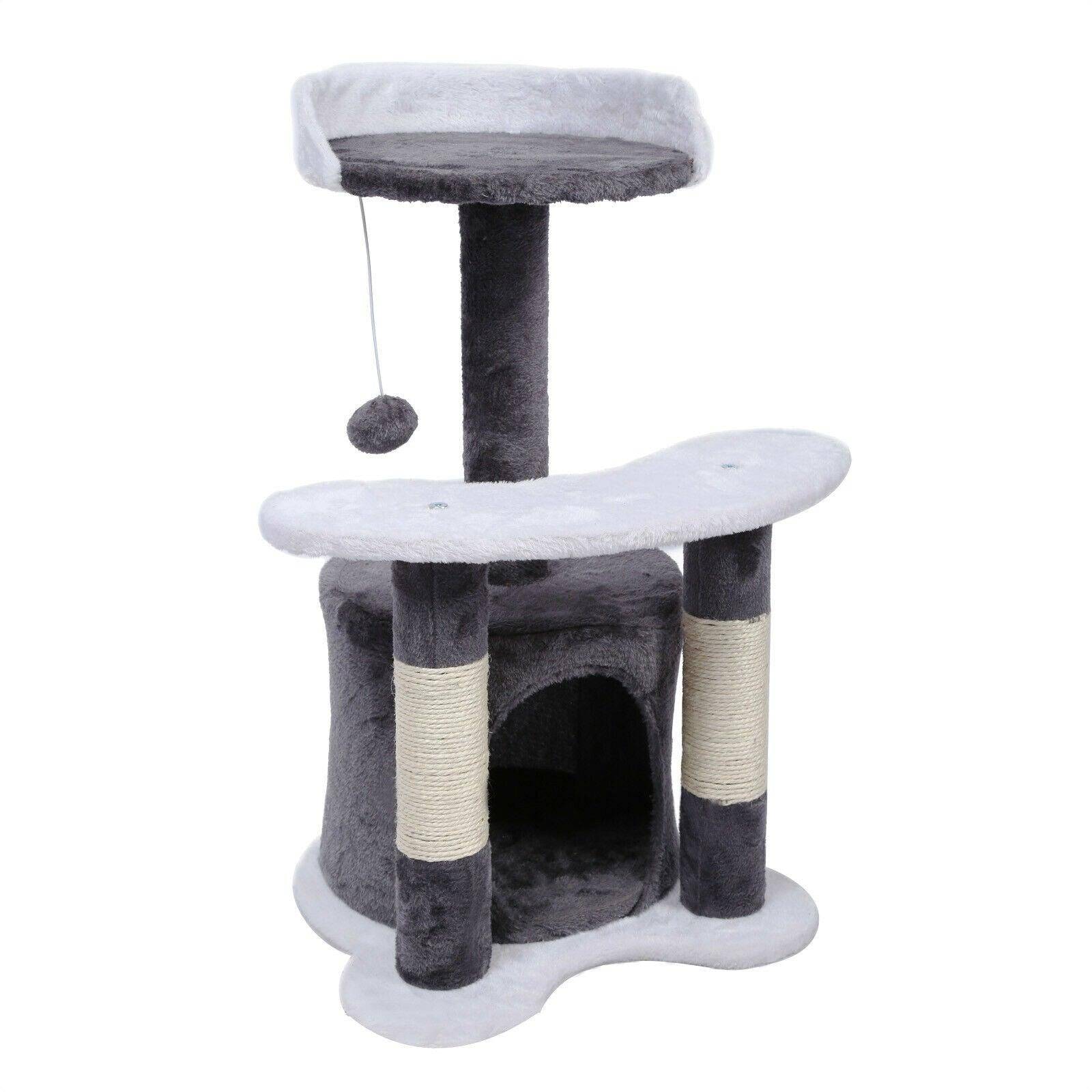 Arbre à chat 65 cm sisal plateforme niche et balle de jeux griffoir gris et blanc - Image 1