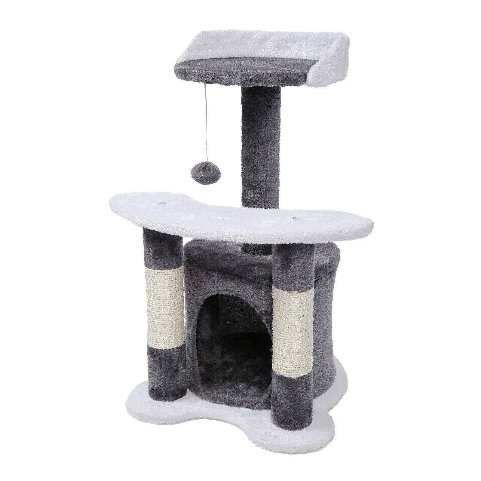 Arbre à chat 65 cm sisal plateforme niche et balle de jeux griffoir gris et blanc - Image 3