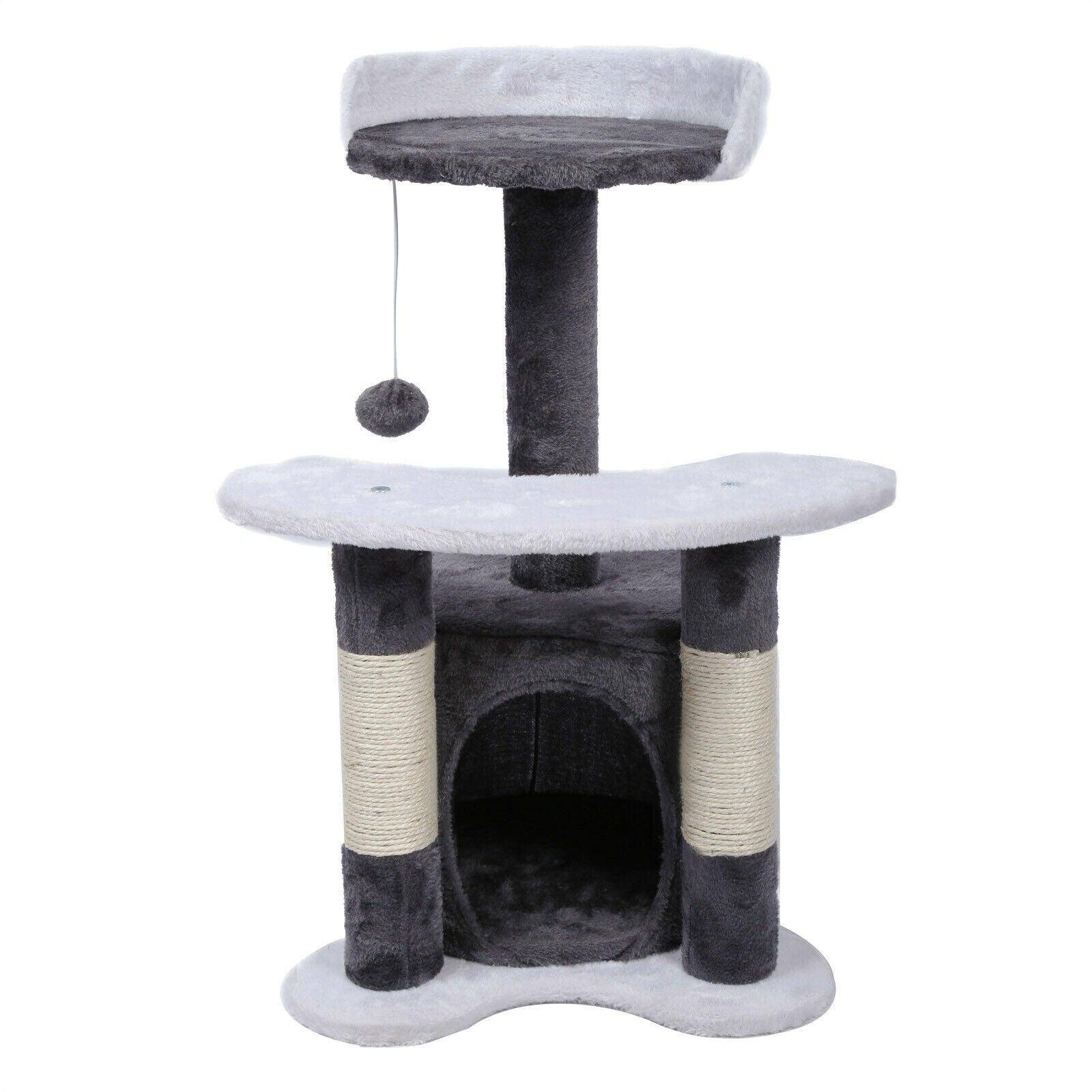 Arbre à chat 65 cm sisal plateforme niche et balle de jeux griffoir gris et blanc - Image 2