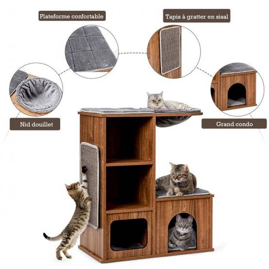 Arbre à chat avec 3 etagères en bois avec griffoirs et coussins niche centre d'activités charge 20 kg pour chat chaton - Image 2