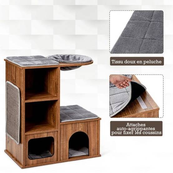 Arbre à chat avec 3 etagères en bois avec griffoirs et coussins niche centre d'activités charge 20 kg pour chat chaton - Image 3
