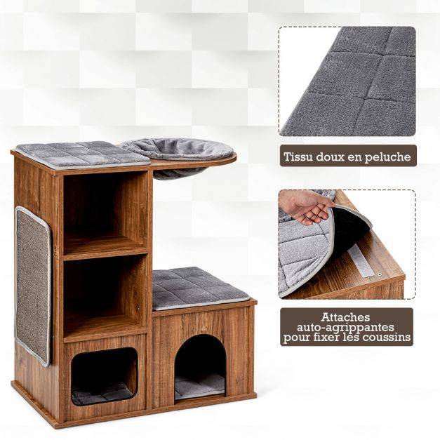 Arbre à chat avec 3 etagères en bois avec griffoirs et coussins niche centre d'activités charge 20 kg pour chat chaton - Image 3