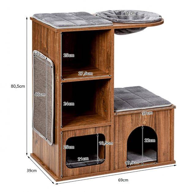 Arbre à chat avec 3 etagères en bois avec griffoirs et coussins niche centre d'activités charge 20 kg pour chat chaton - Image 4