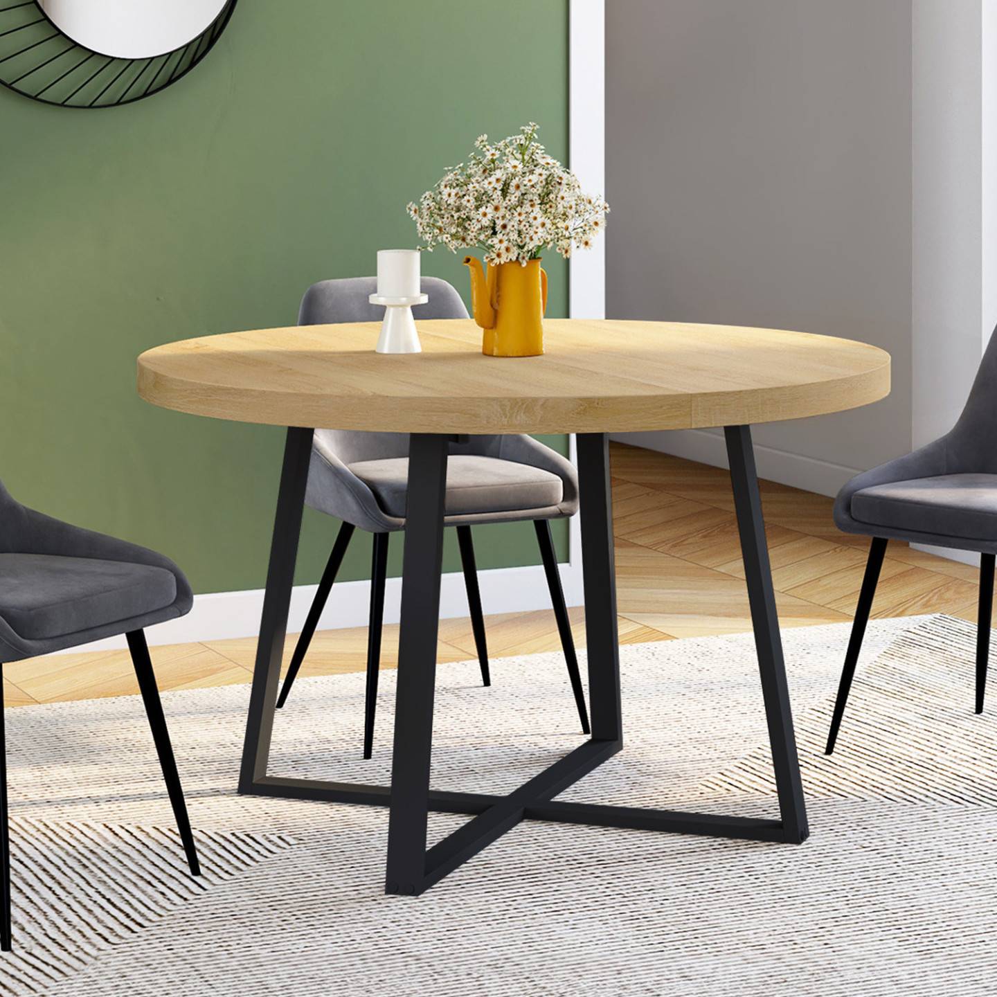 Table à manger extensible ronde SELMA 4-8 personnes bois et noir 110-150 cm - Image 4