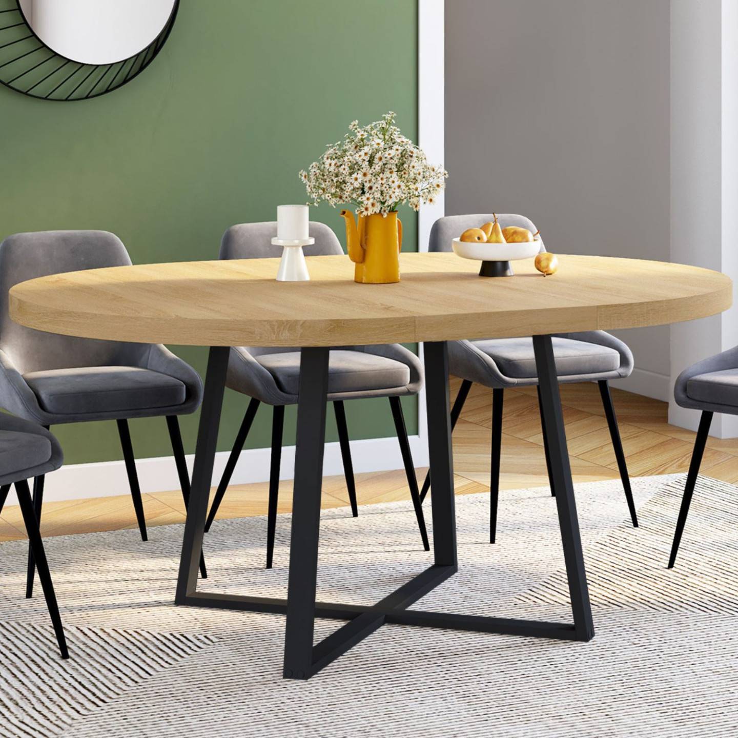 Table à manger extensible ronde SELMA 4-8 personnes bois et noir 110-150 cm - Image 1