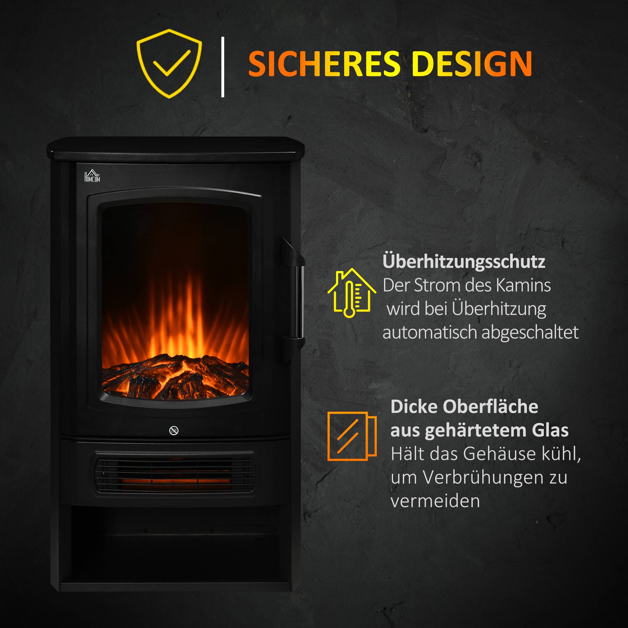 Sans Marque - Cheminée électrique, flammes réalistes, 2 niveaux de chauffage, protection contre la surchauffe, acier, Noir, 44,5 x 32 x 74cm - Image 8