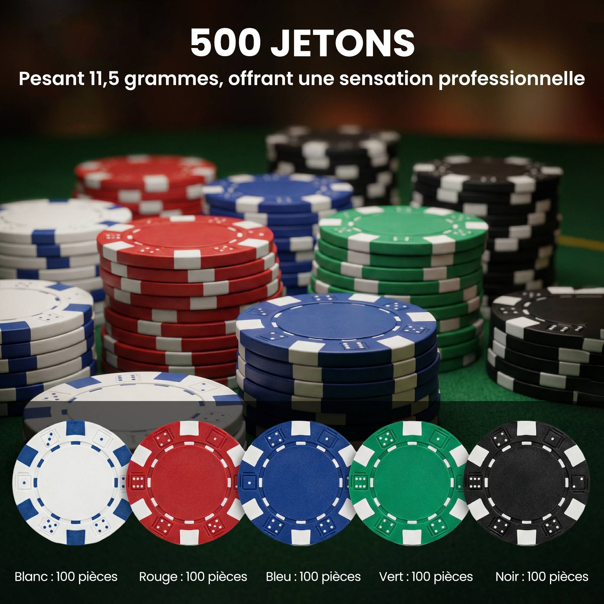Mallette de poker coffret de poker complet 500 jetons, boîtier en ABS, cartes à jouer, dés, dealer, tapis, clés - Image 8