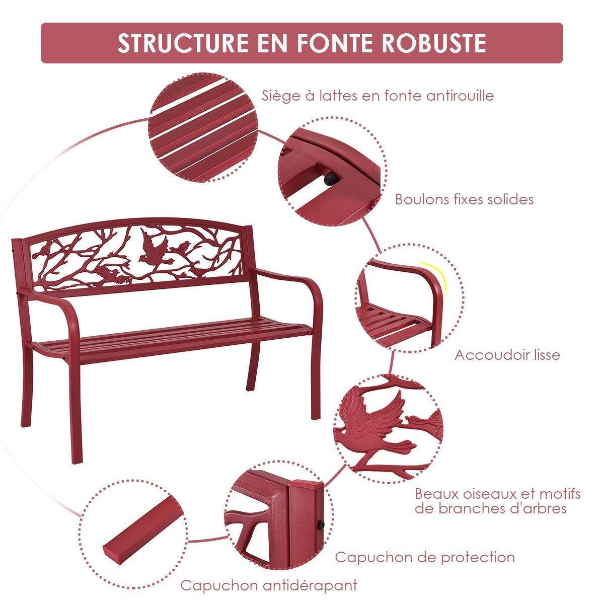 Helloshop26 - Banc de jardin en fer résistant style contemporain 2-3 places rouge - Image 3