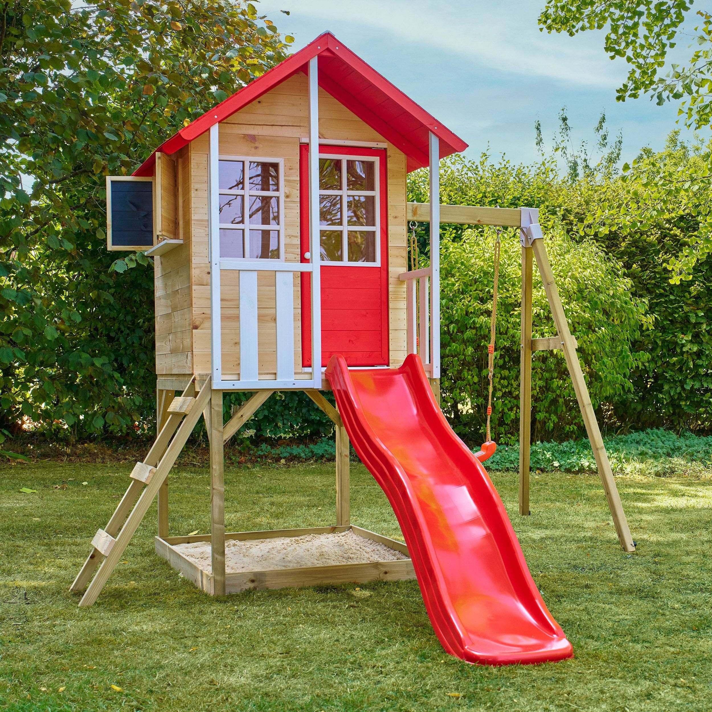 Maisonnette modulable sur pilotis avec balcon, glissière et une balançoire COQUELICOT en bois FSC® - Image 9