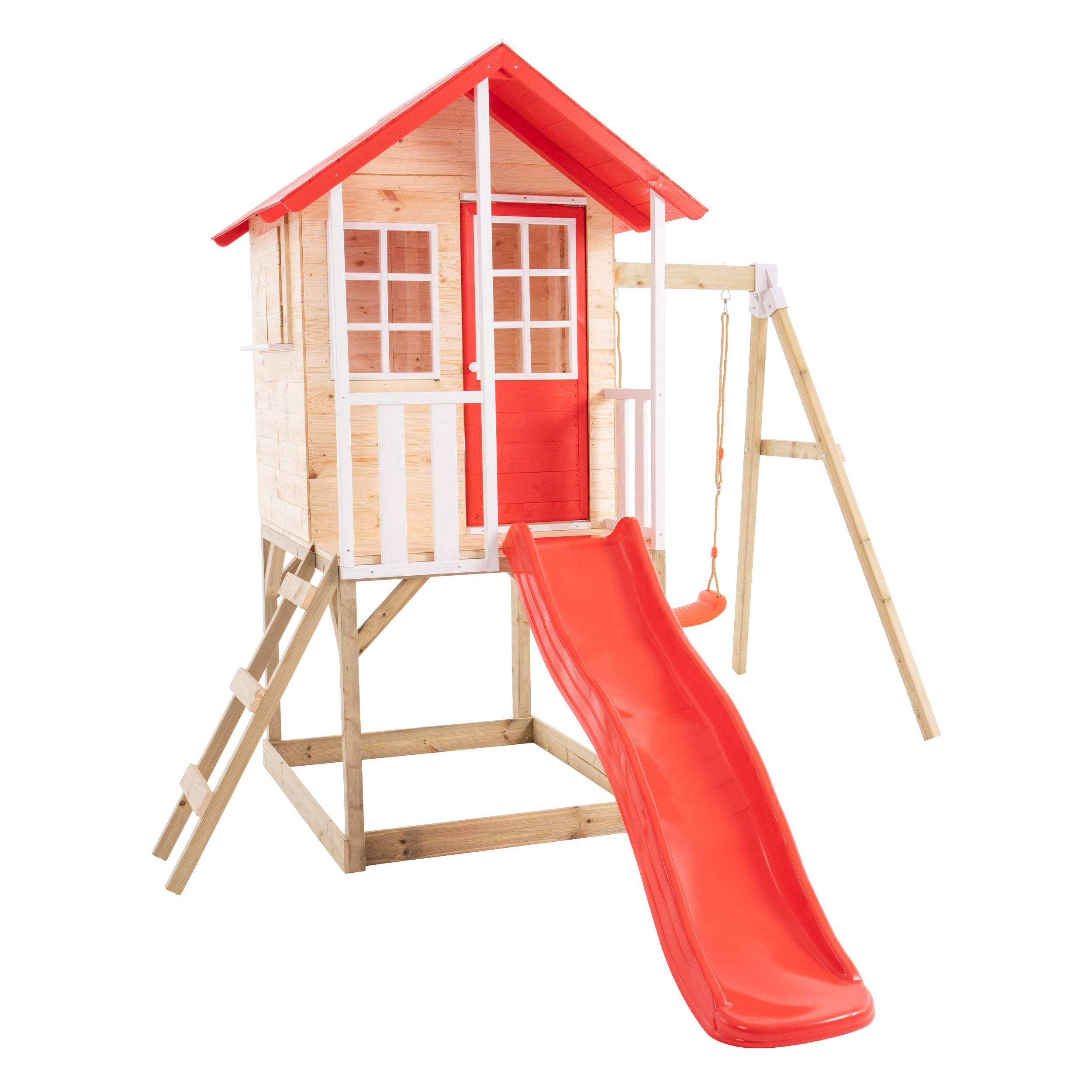 Maisonnette modulable sur pilotis avec balcon, glissière et une balançoire COQUELICOT en bois FSC® - Image 2