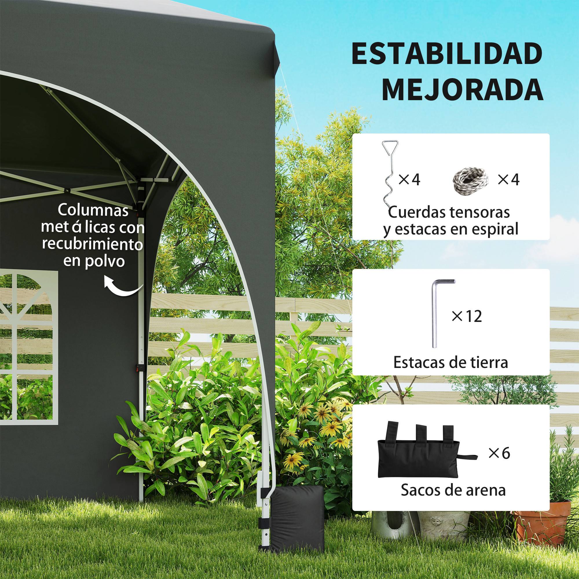 Tente pliante pop-up 6 x 3 m avec 6 panneaux latéraux détachables, hauteur réglable et sac de transport, gris foncé - Image 7