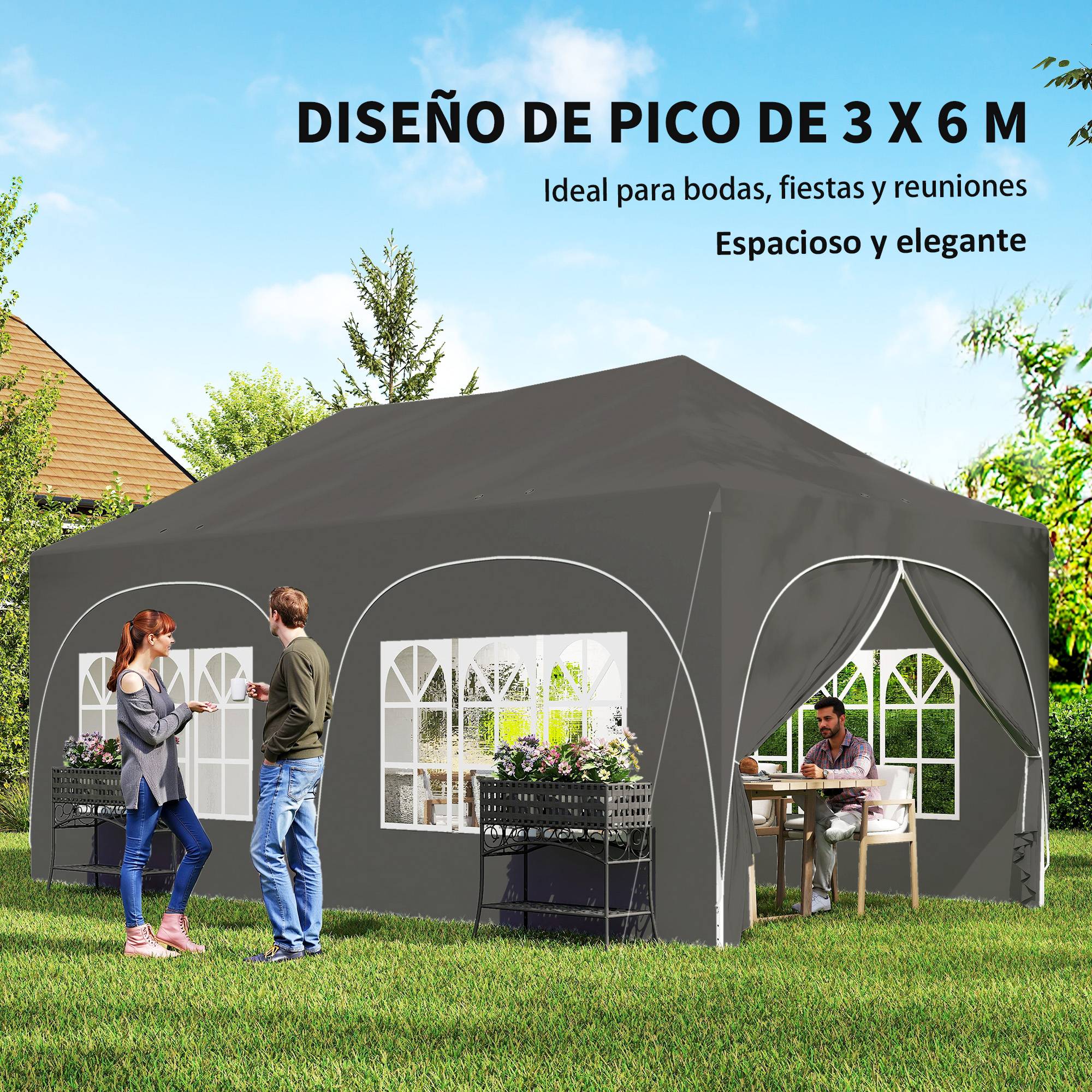Tente pliante pop-up 6 x 3 m avec 6 panneaux latéraux détachables, hauteur réglable et sac de transport, gris foncé - Image 6