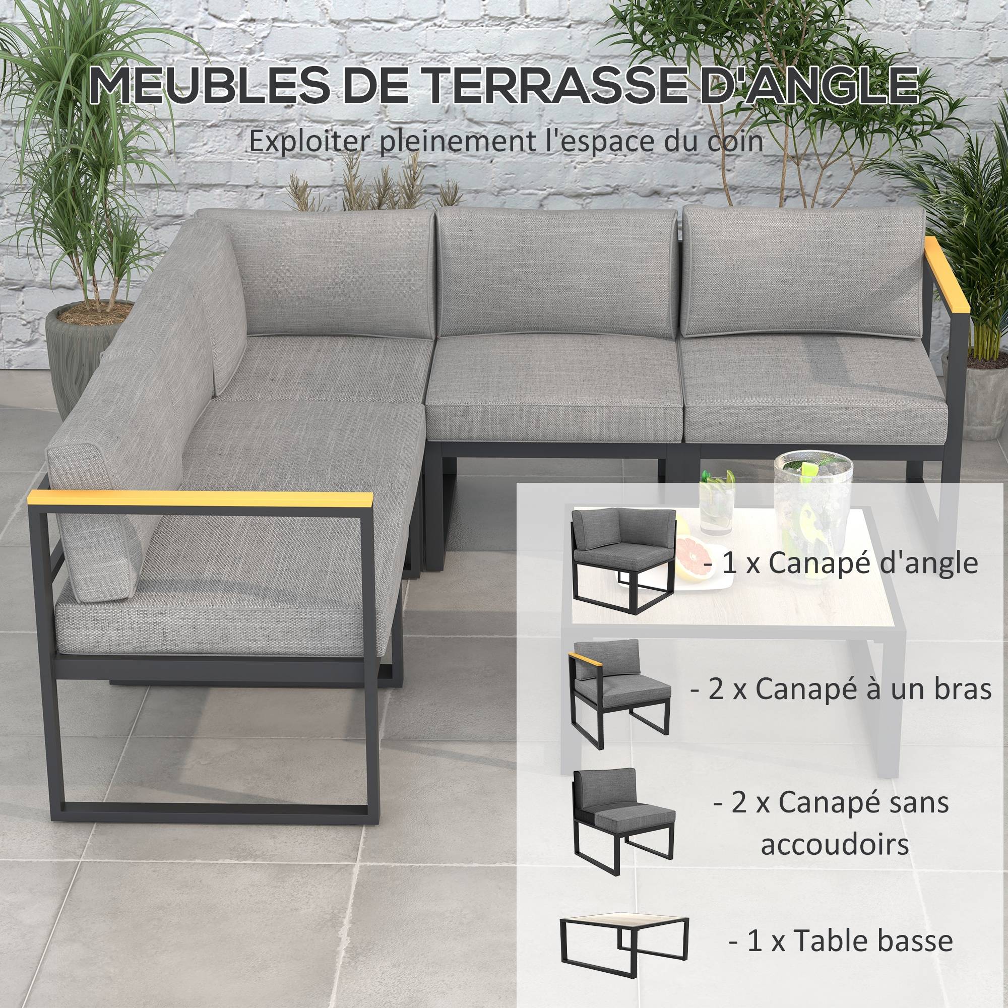 Maison Chic - Ensemble salon de jardin d'angle et convertible 4 pièces | Mobilier de jardin Gris Aluminium 65x65x31 cm - Image 6