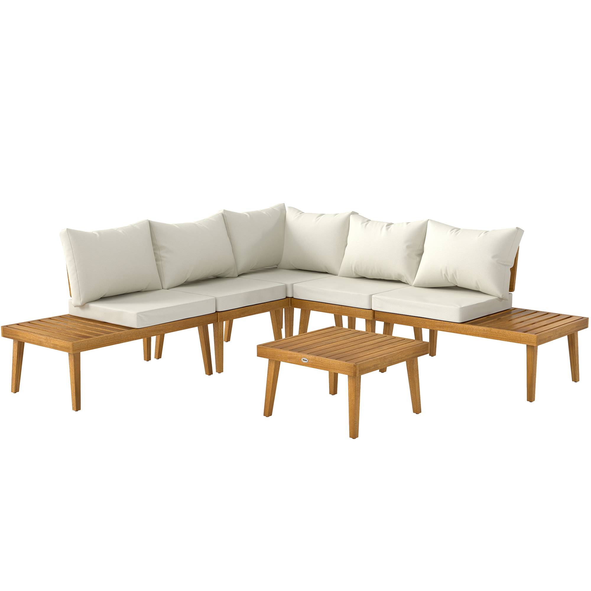 Outsunny - Salon de jardin d'angle 5 places en bois d'acacia avec table basse et tablettes latérales coussins crème - Image 1