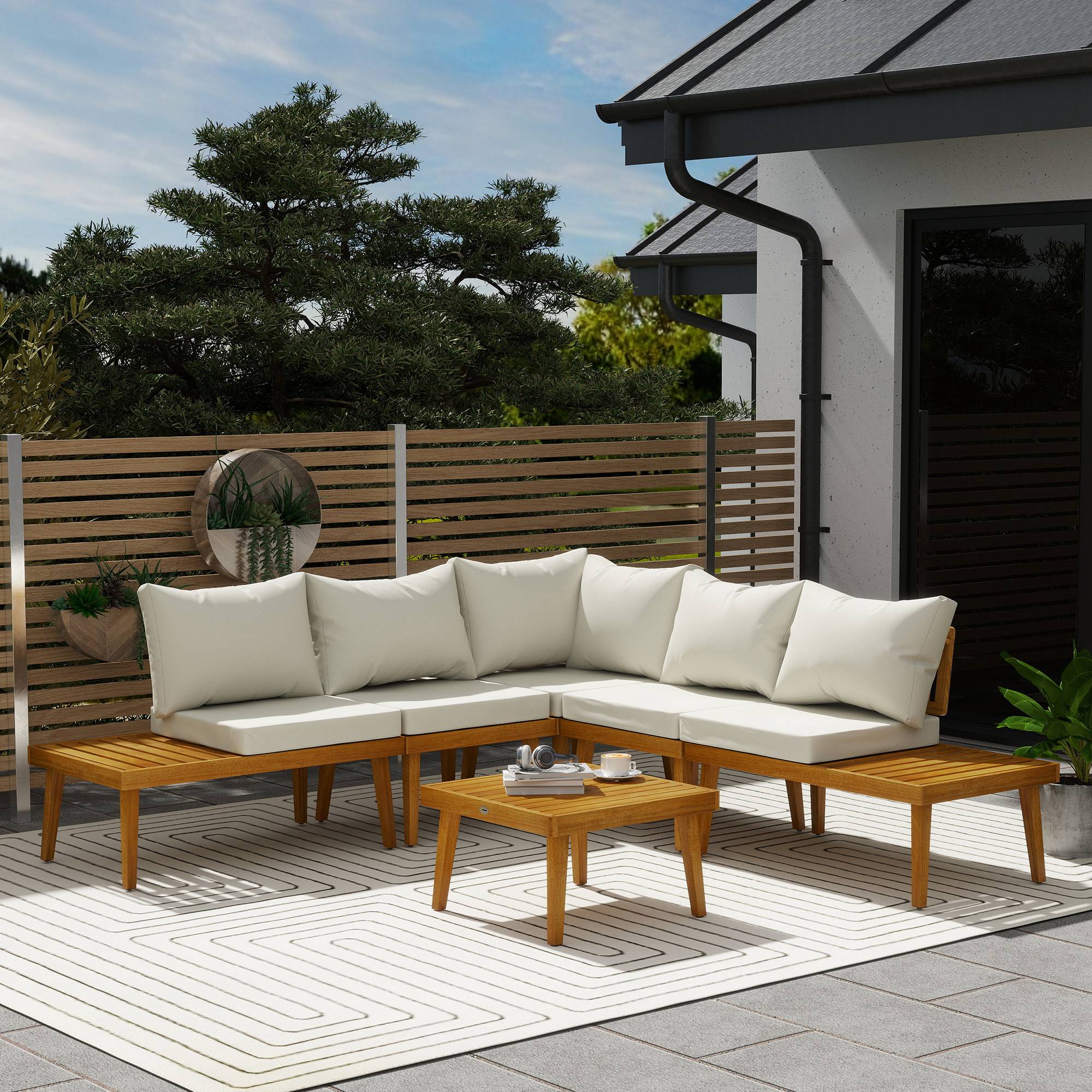 Outsunny - Salon de jardin d'angle 5 places en bois d'acacia avec table basse et tablettes latérales coussins crème - Image 2