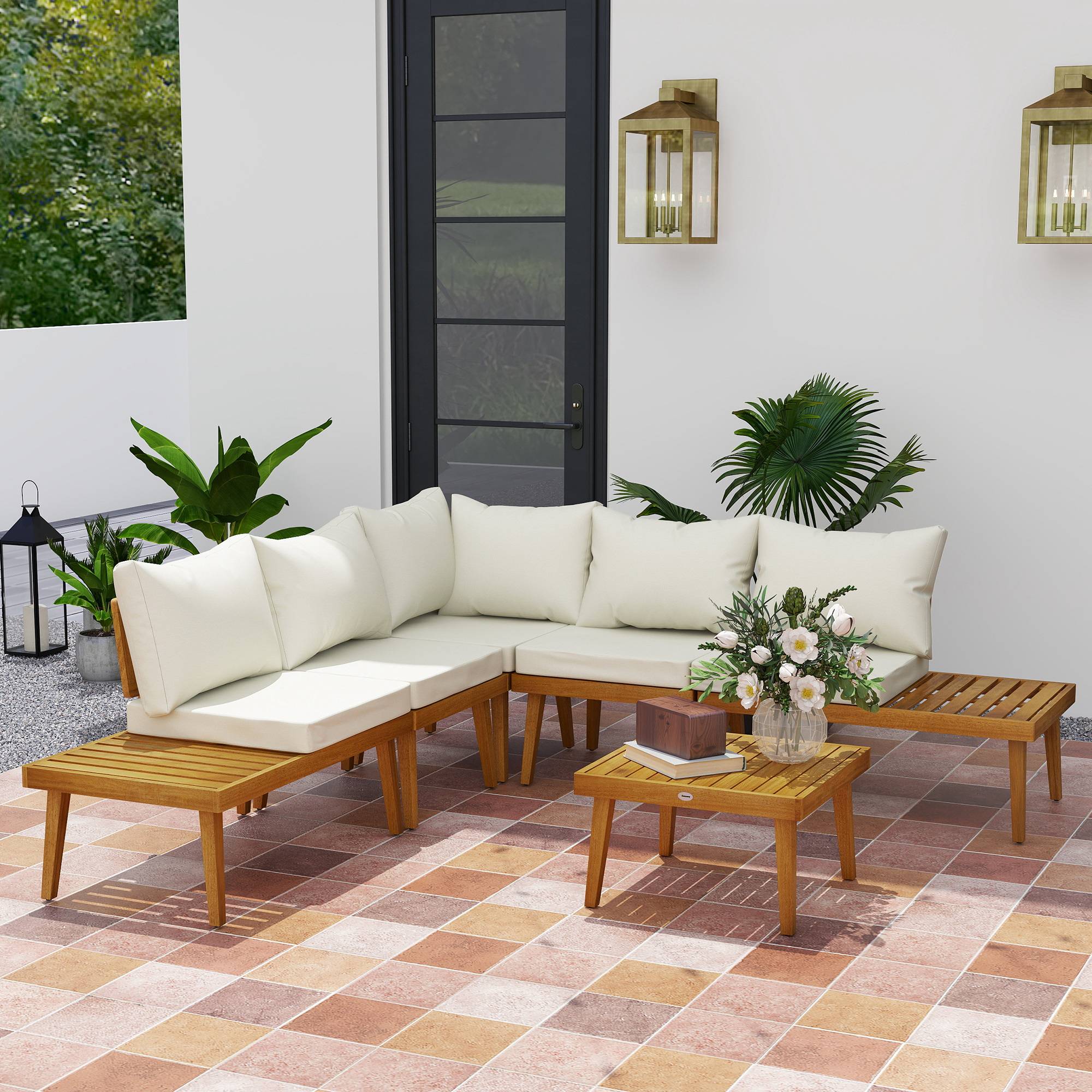 Outsunny - Salon de jardin d'angle 5 places en bois d'acacia avec table basse et tablettes latérales coussins crème - Image 5