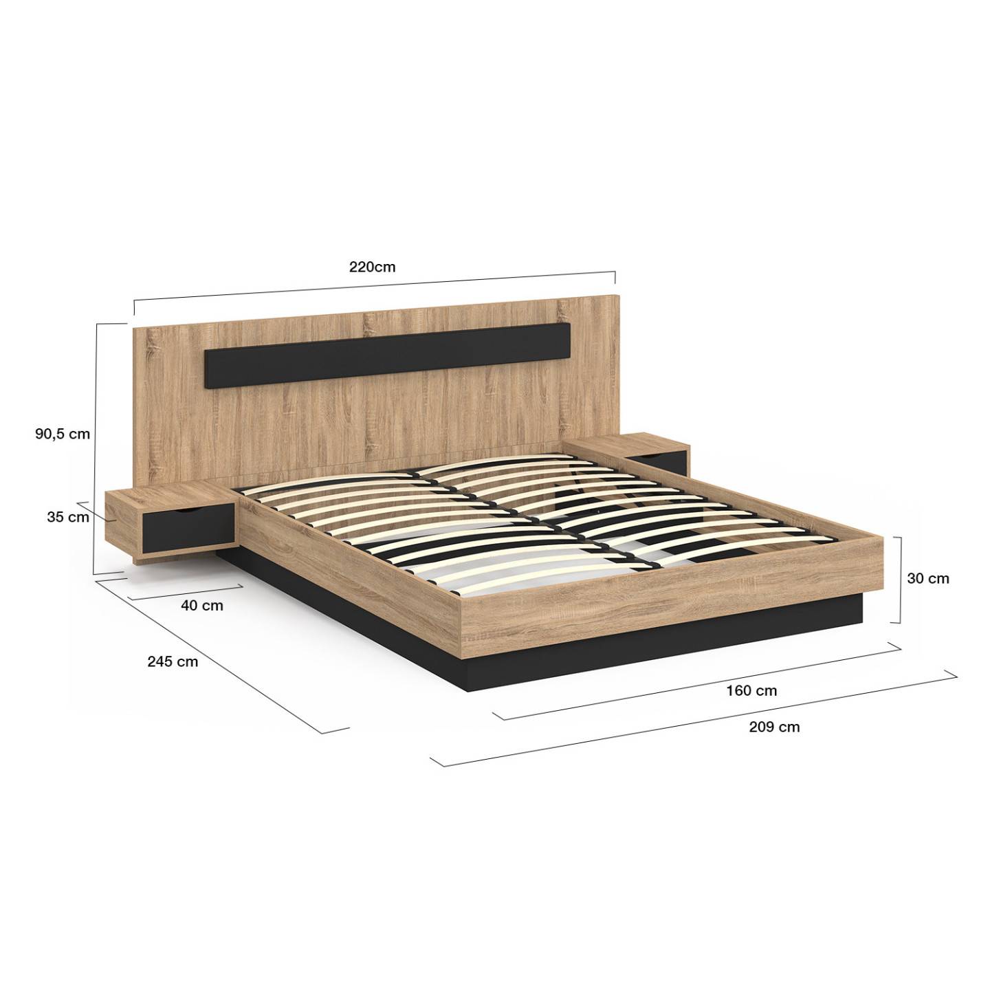 Lit double SANTA avec tête de lit + tables de chevet intégrées et sommier 160 x 200 cm bois et noir - Image 5