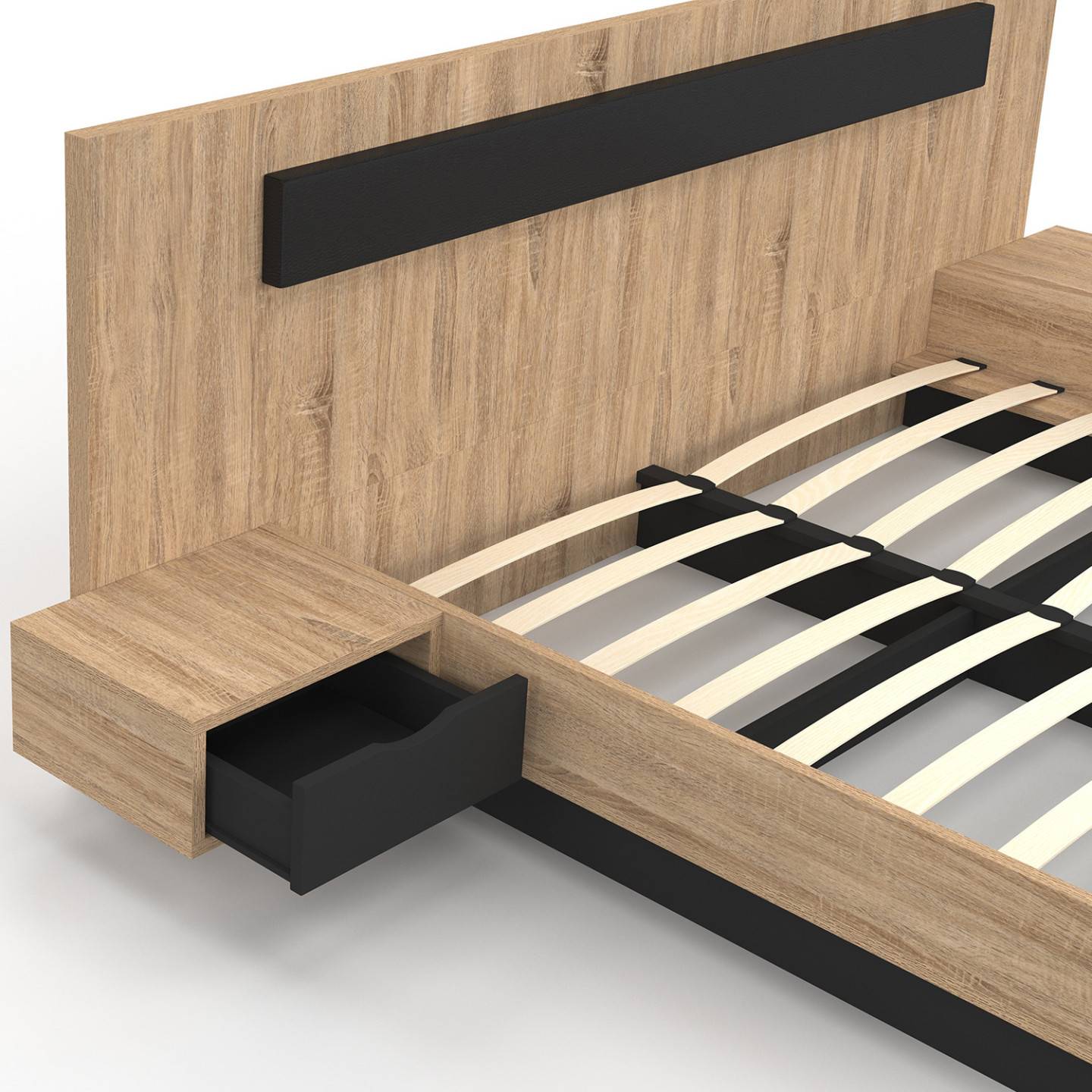 Lit double SANTA avec tête de lit + tables de chevet intégrées et sommier 160 x 200 cm bois et noir - Image 6