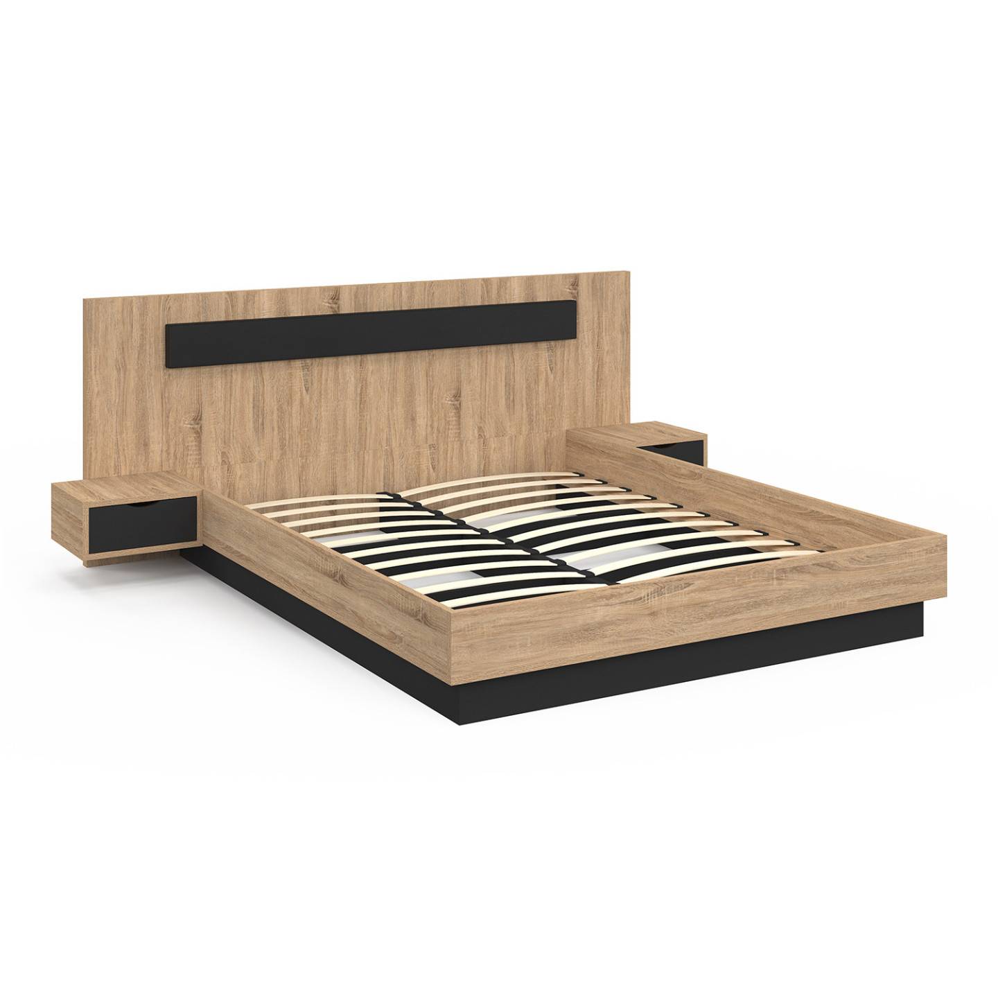 Lit double SANTA avec tête de lit + tables de chevet intégrées et sommier 160 x 200 cm bois et noir - Image 4