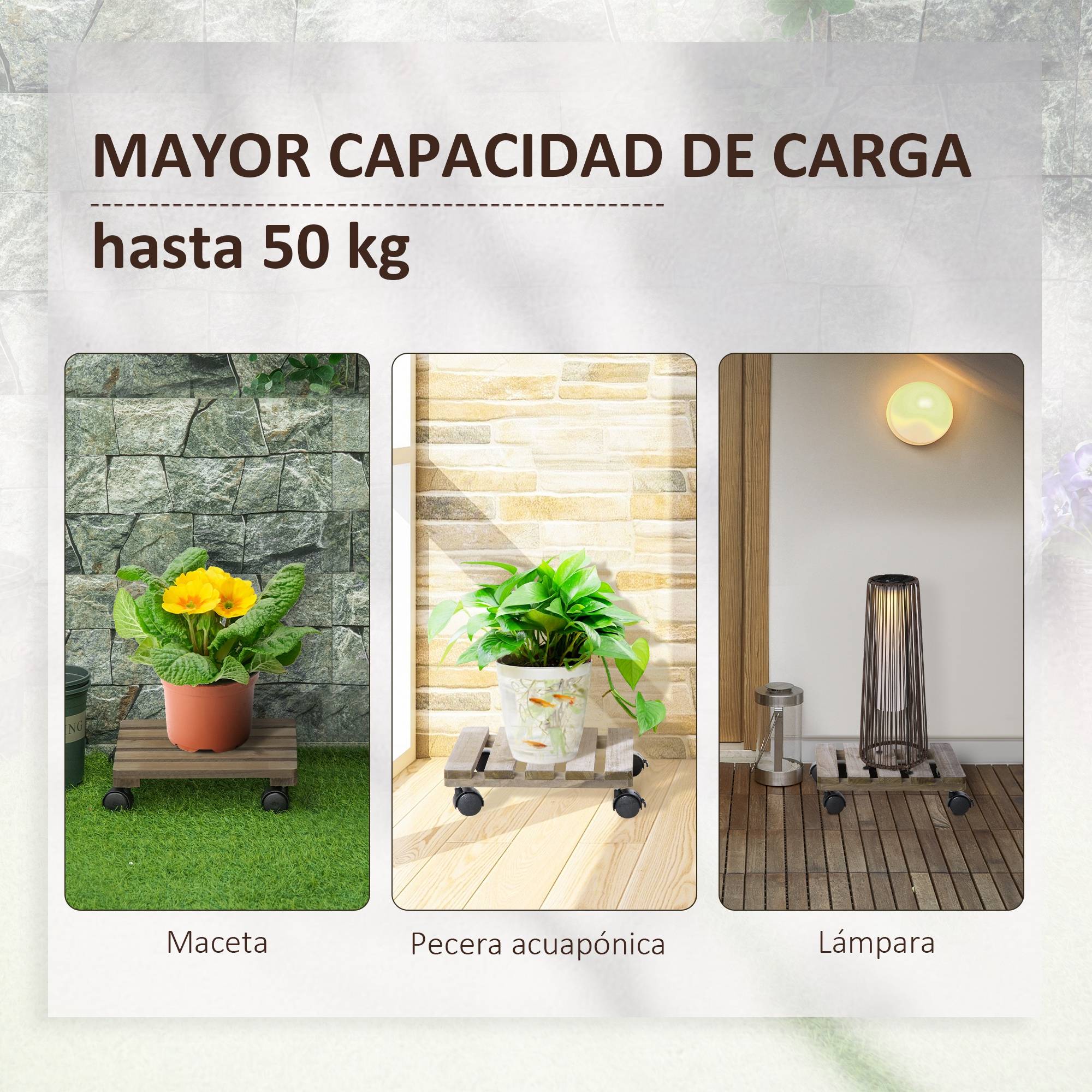 Lot de 2 supports à plantes en bois à roulettes, pour pots d'intérieur/extérieur, capacité de charge 50 kg, marron foncé - Image 8